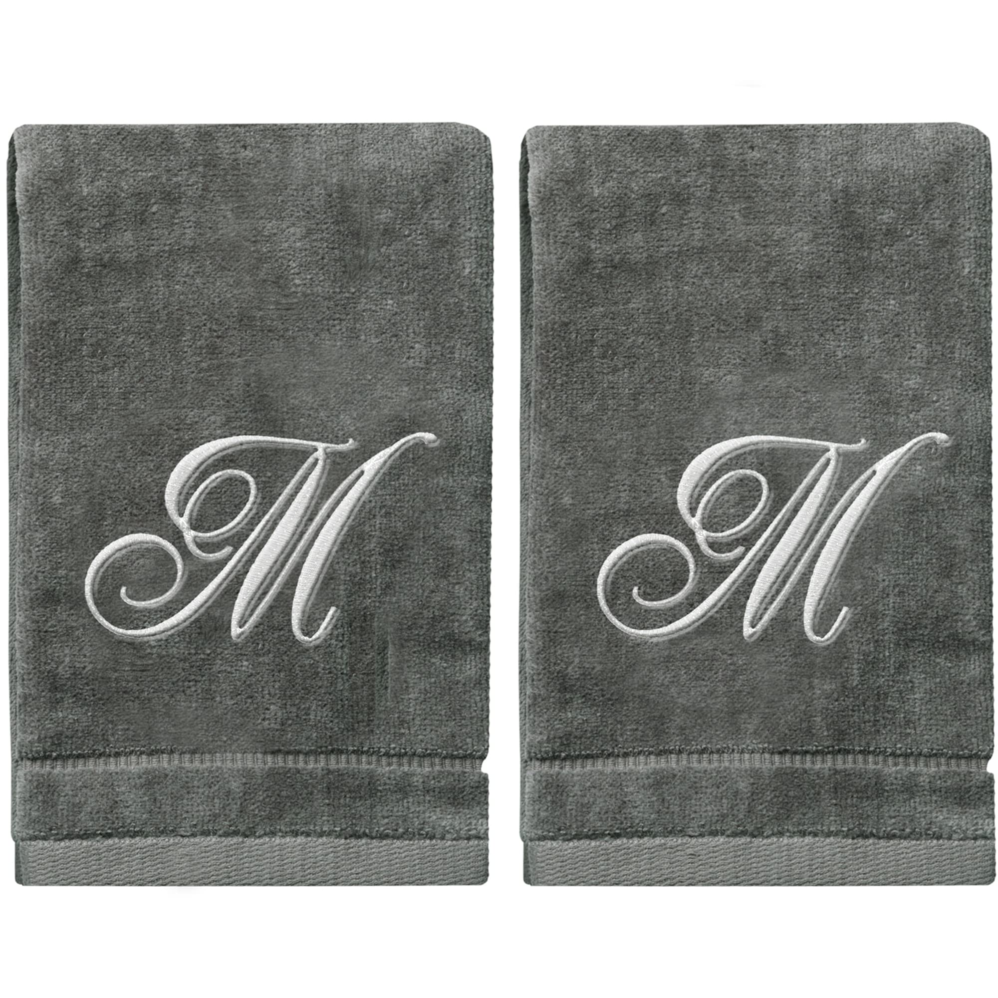 Personalized Initial Fingertip Towels - 2 Pack 11 X 18 Inches - Silver Embroidery On Gray Towel, Modern Monogrammed Towels, Grea