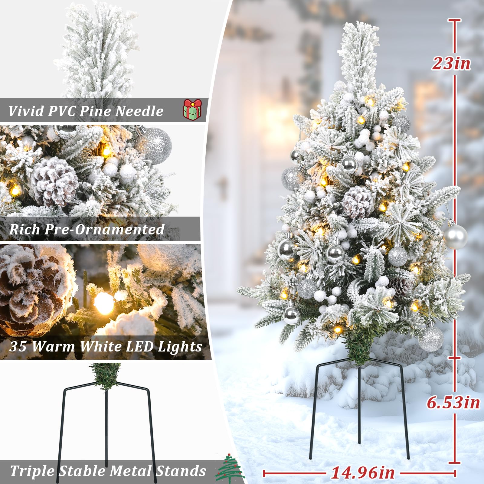 TOWPONICS Set of 2 Outdoor Pathway Christmas Trees, 30in Artificial Xmas Tree with 35 LED Lights, 8 Lighting Modes & Timer, Red