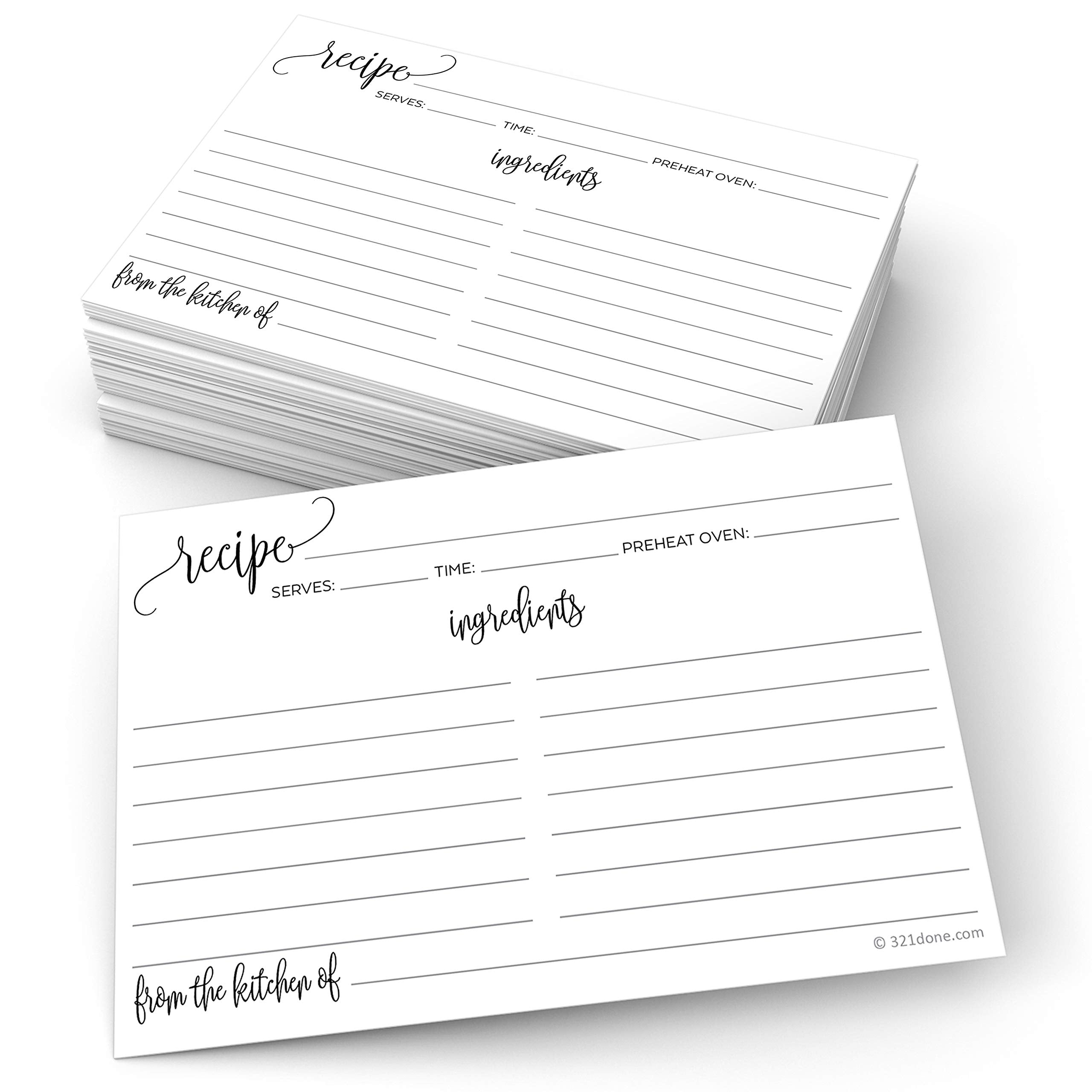 321Done Recipe Cards With From The Kitchen Of (Set Of 50) 4X6 - Black And White Modern Minimalist, Large Double-Sided For Weddin