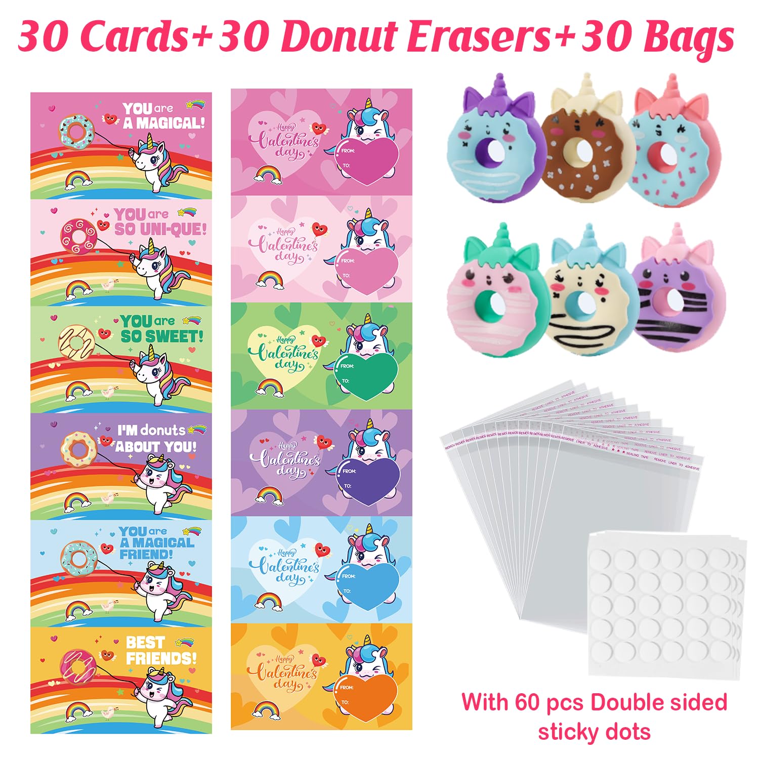 Smiletop Valentines Day Cards For Kids School - 30 Pack Donut Erasers With Valentines Cards For Kids Classroom - Valentines Day