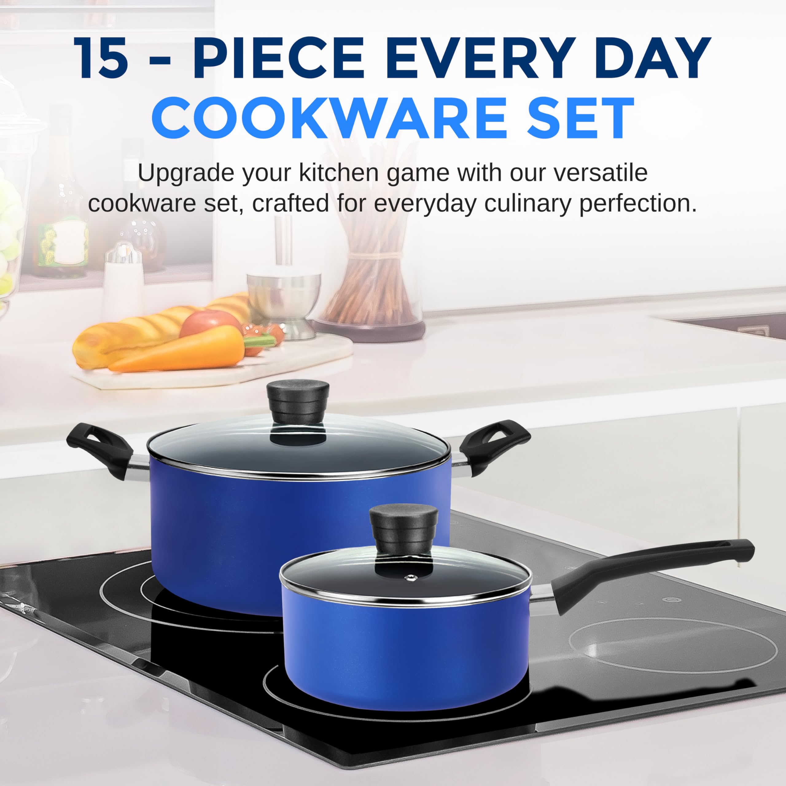 SereneLife Kitchenware Pots & Pans Basic Kitchen Cookware, Black Non-Stick Coating Inside, Heat Resistant Lacquer (15-Piece Set)
