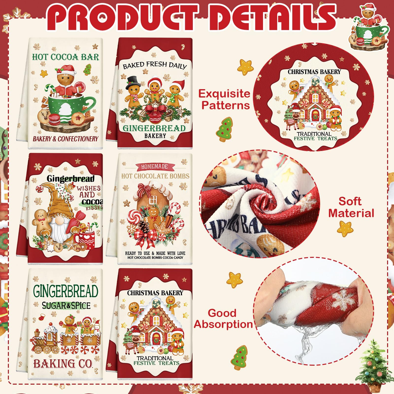 Hosuly 6 Pcs Christmas Kitchen Towels Christmas Gingerbread Man Dish Towel Funny Gingerbread Cookie Tea Towels Xmas Hot Cocoa Gn
