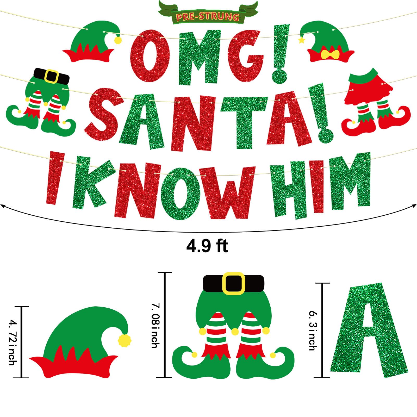 Ushinemi Pre-Strung Elf Christmas Party Decorations, No Diy Omg Santa I Know Him Banner, Red And Green Xmas Party Supplies