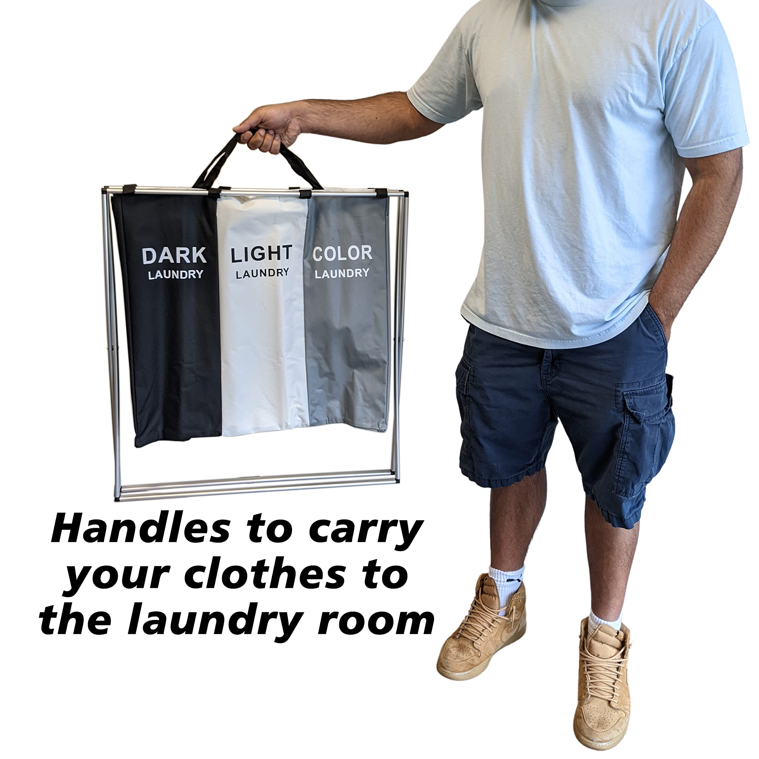 3 Section Laundry Basket For Dark, Light, And Color Clothes Hamper, Collapsible Design With Carry Handle, 26'' Long X 15'' Wide