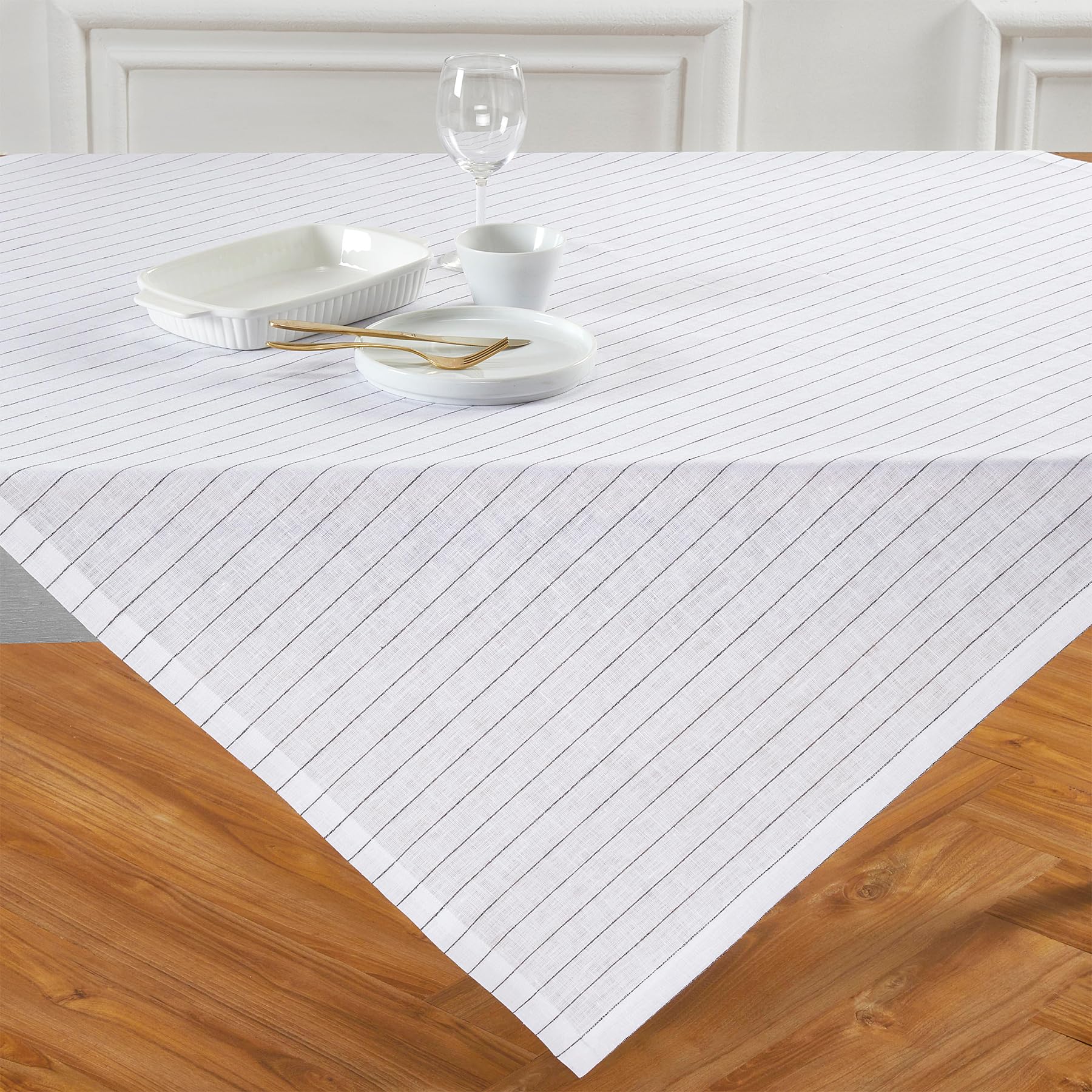 Solino Home Pinstripe Linen Tablecloth 52 X 52 Inch - 100% Pure Linen White And Black Table Throw For Spring, Easter - Handcraft
