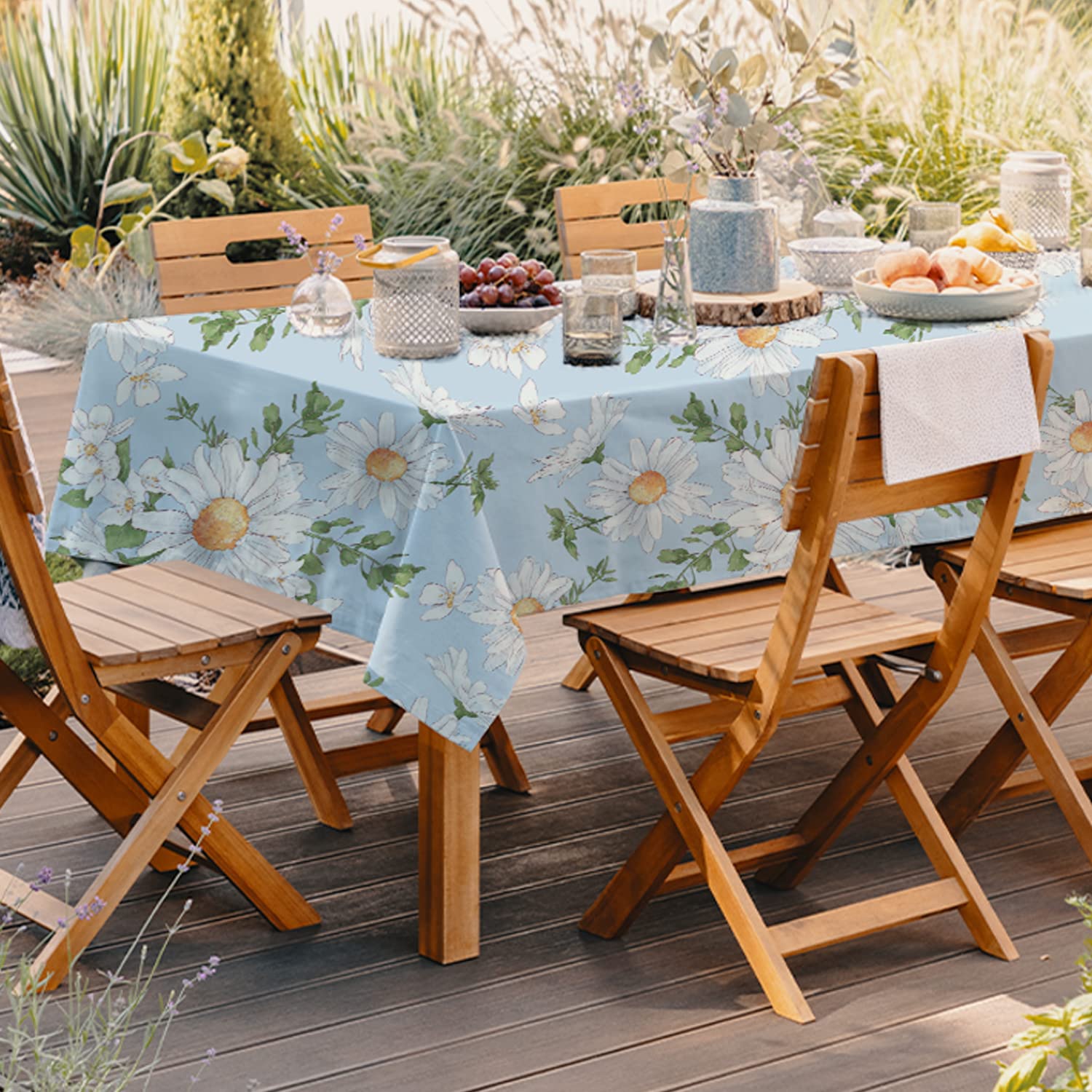 Daisy Tablecloth, Blue Floral Rectangle Tablecloth, Sunflower Tablecloth, Spring Summer Waterproof Wrinkle Free Durable Rectangl