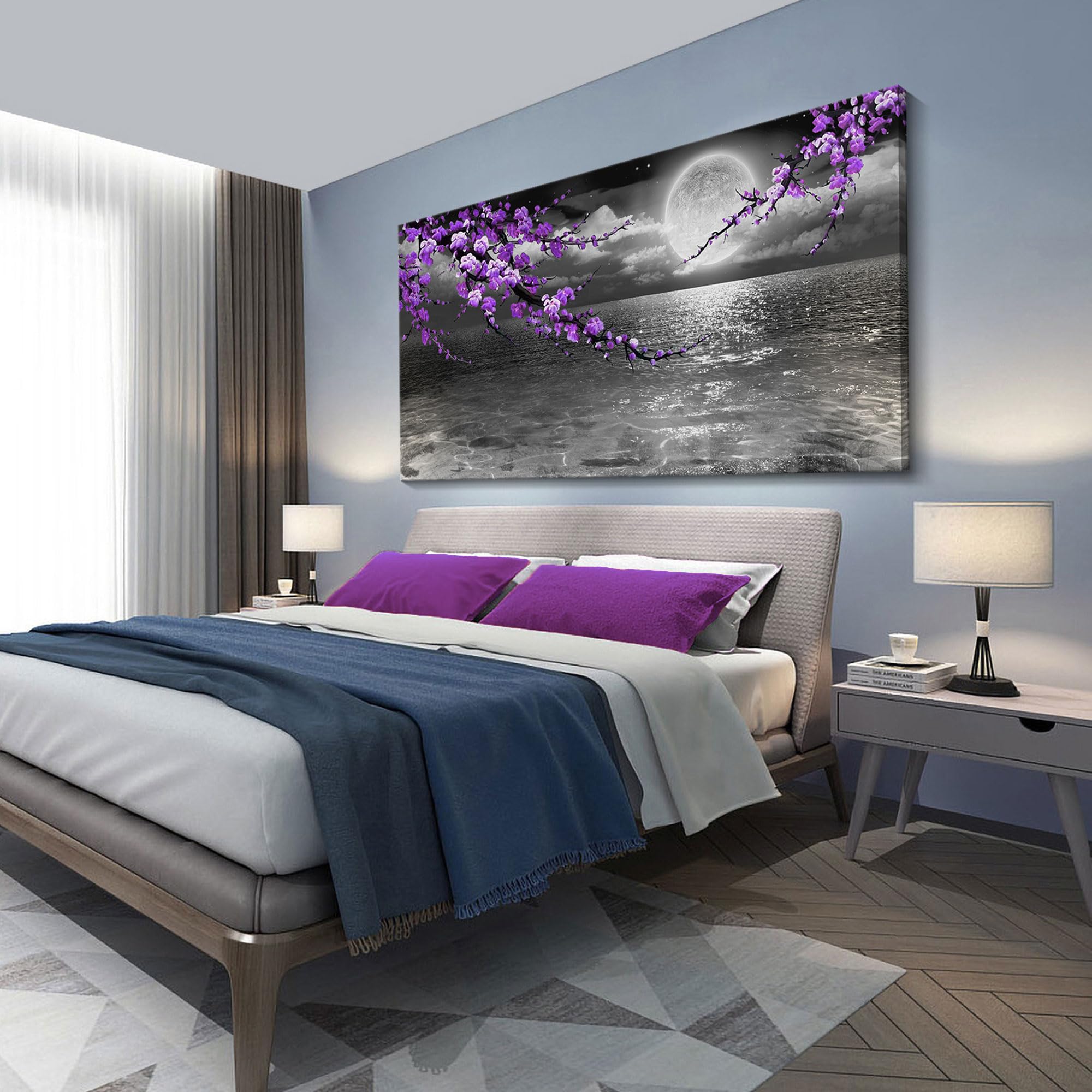 Large Purple Wall Art Decor For Living Room Bedroom Framed Black And White Seascape Full Moon Purple Flower Painting Canvas Pict