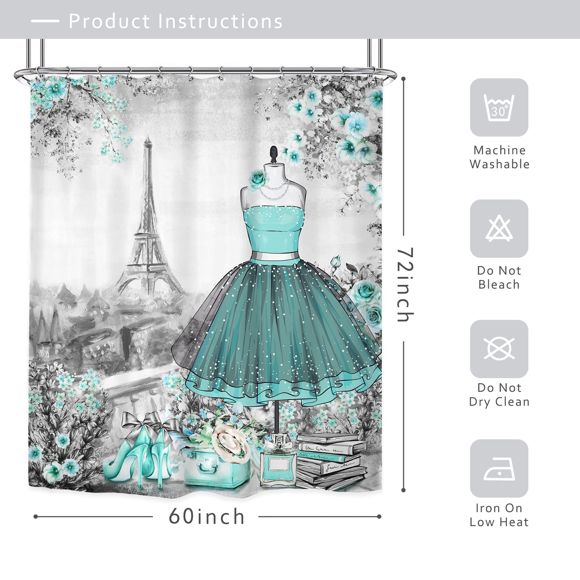 Riyidecor Fashion Girly Dresses Shower Curtain 60Wx72H Inch Teal Blue Turquoise Floral Girl Women Eiffel Tower Perfume High Heels Bathroom Decor Set Fabric Polyester Waterproof 12 Pack Plastic Hooks