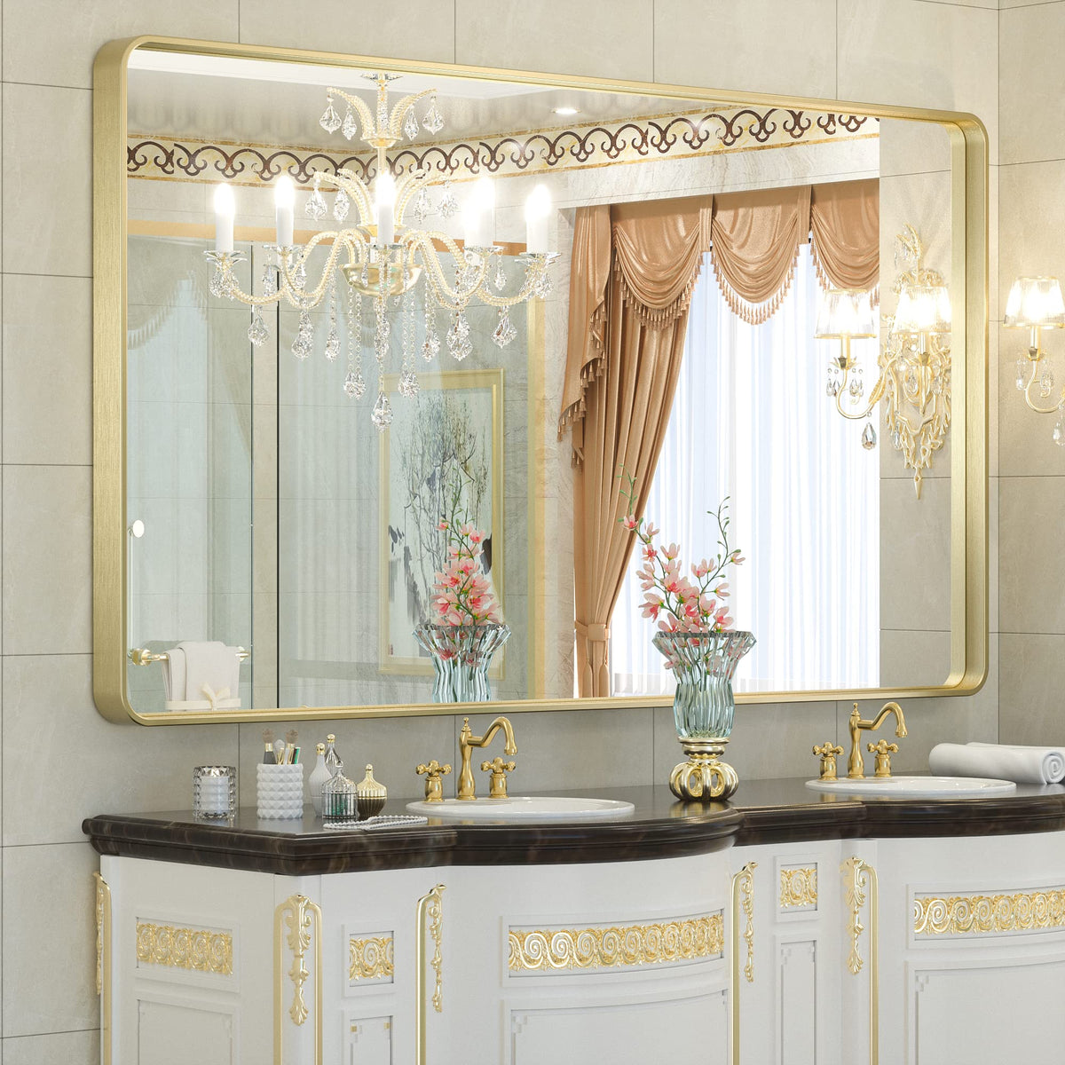 Tetote 60 X 36 Inch Mirrors For Bathroom, Brushed Brass Gold Vanity Mirror, Large Rectangular Metal Frame Modern Wall Mirror For