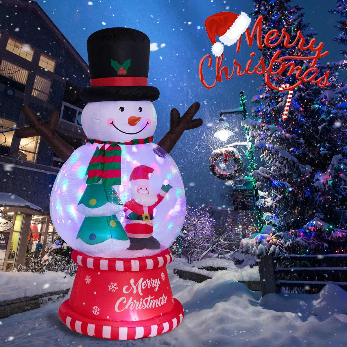 Santa Tree Snowman Inflatable Risenor 8 FT Height Christmas Inflatables Snowman Globe with Christmas ...
