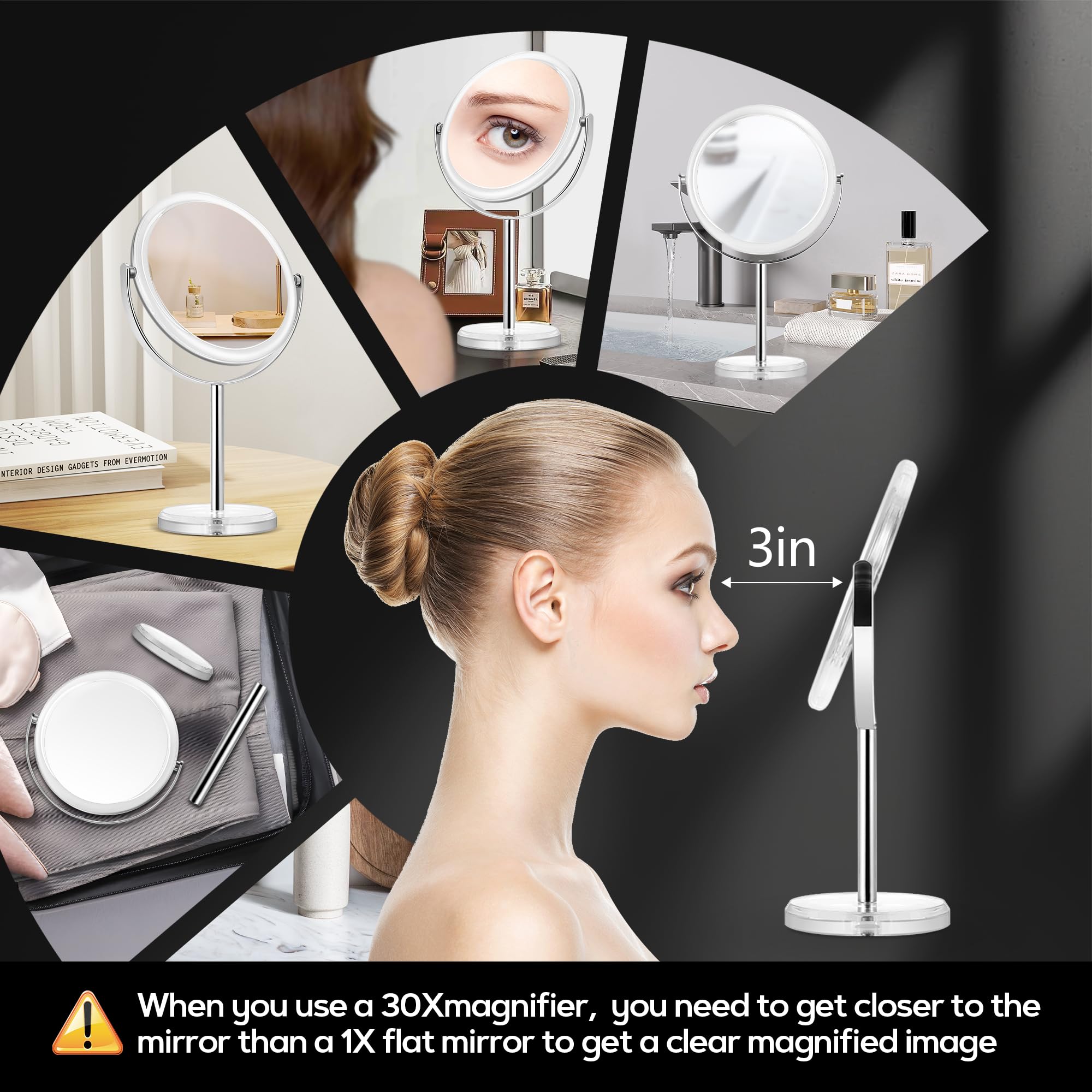 MIYADIVA 30X Magnifying Makeup Mirror - Double-Sided Vanity Stand, 8" Plastic, Travel-Friendly Design