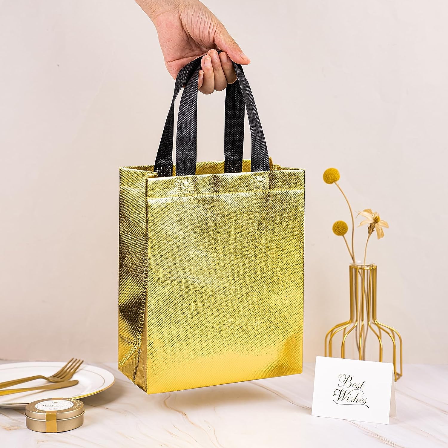 Drapme Small Size Pack Of 20 Pcs Glossy Metallic Laminated Non-Woven Reusable Eco-Friendly Party Return Gift Bags (Golden) (Smal