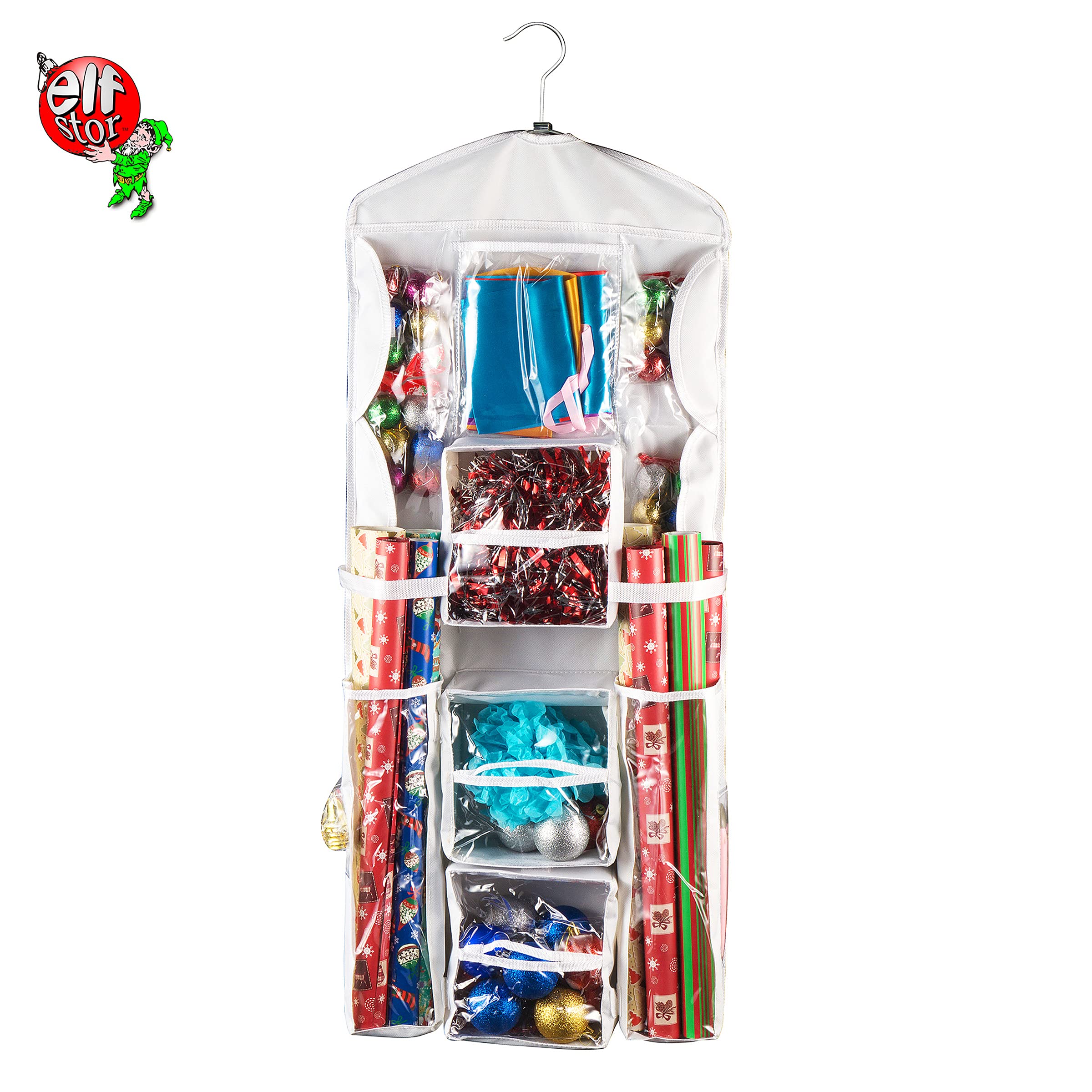 Wrapping Paper Storage Organizer- Dual Sided Hanging Gift Wrap Station- Clear Compartments For 30    Rolls, Ribbon, Bows, Gift B