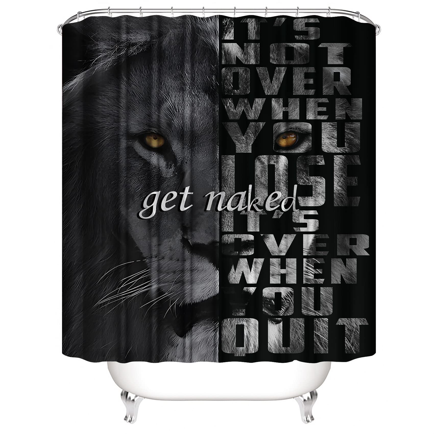 Jieprom 4Pcs Lion Insipirational Shower Curtain Set With Rugs, Toilet Lid Cover And Bath Mat, Animal Shower Curtain With 12 Hook