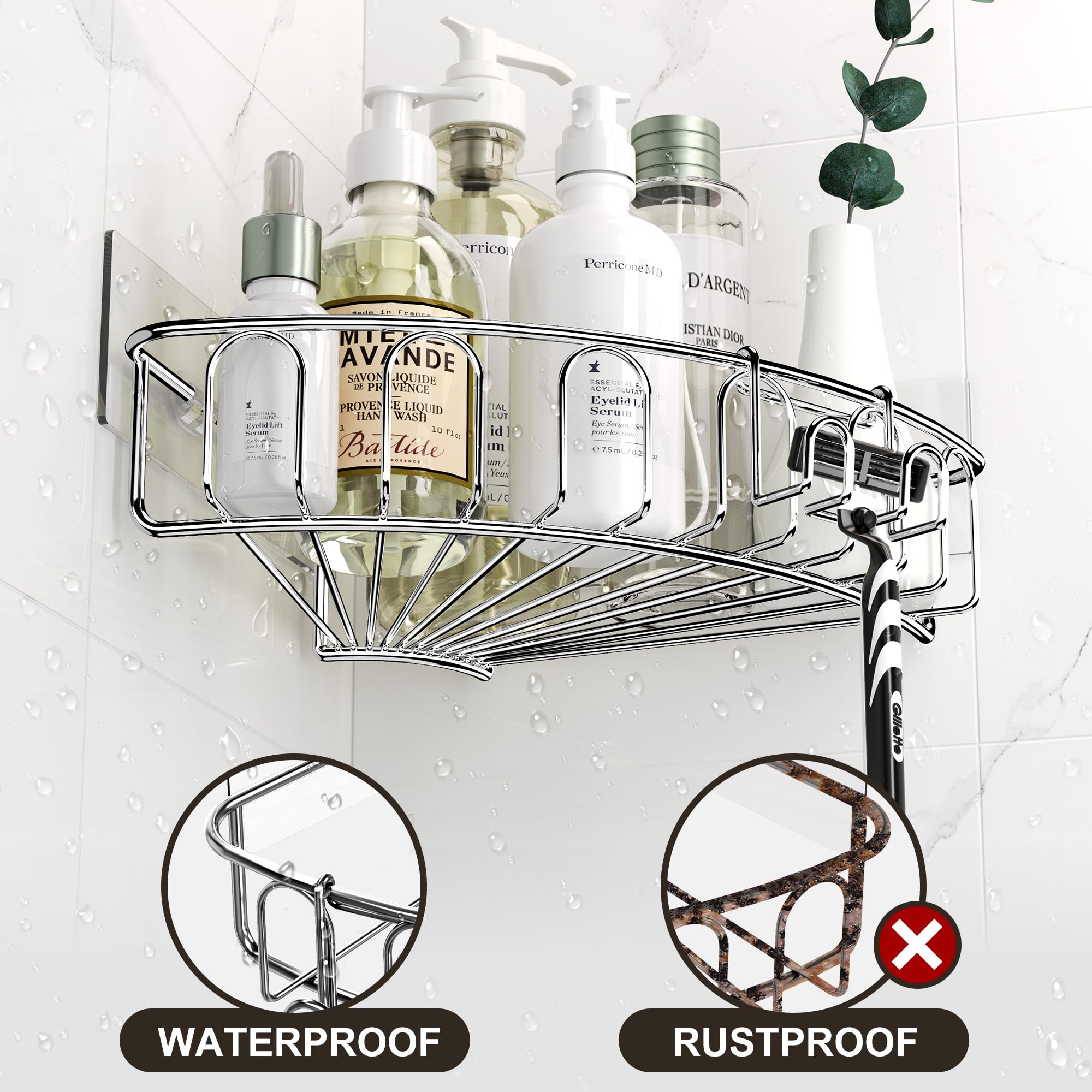 Orimade Corner Shower Caddy Stainless Steel With Hooks Wall Mounted Bathroom Shelf Storage Organizer Adhesive No Drilling 2 Pack