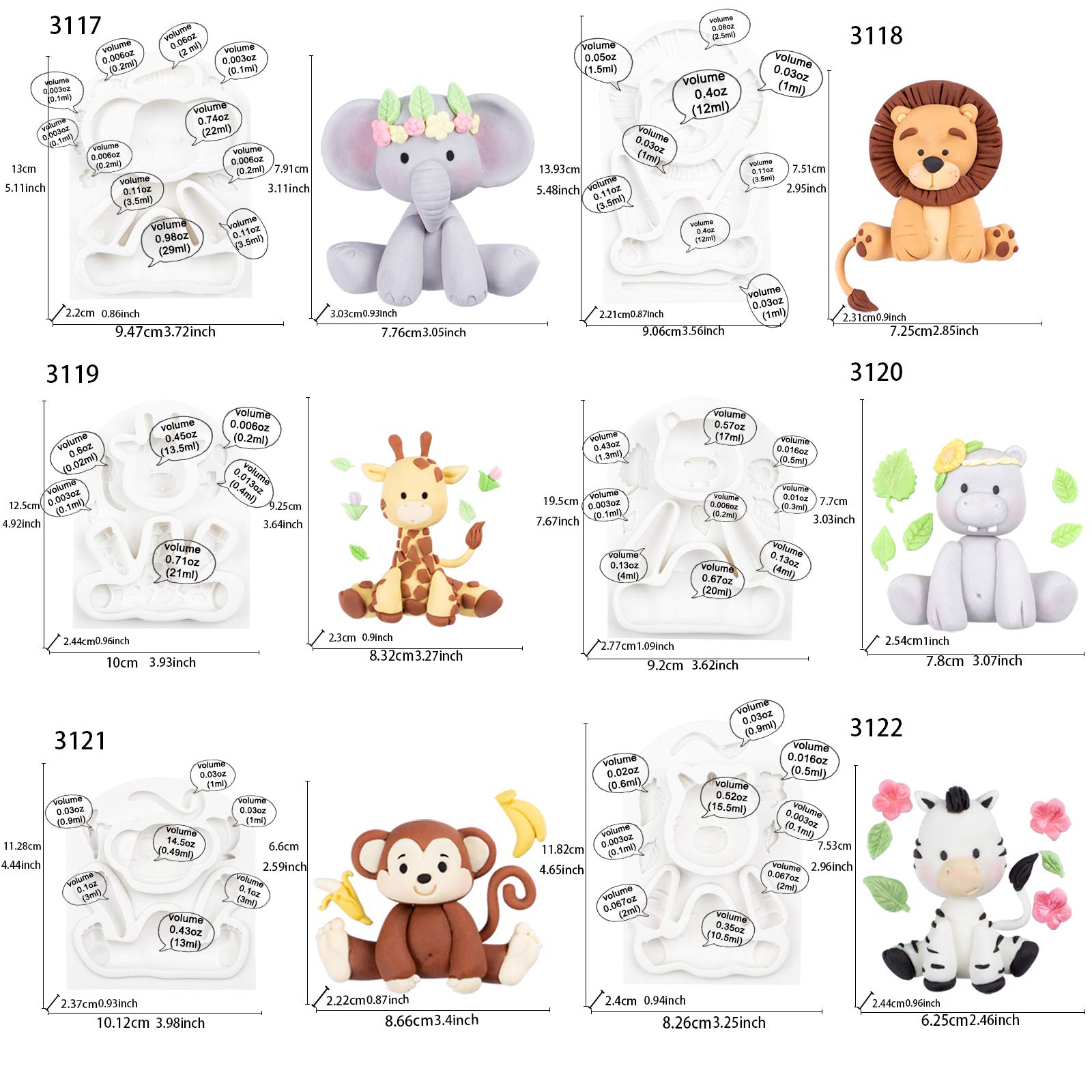 Funshowcase Jungle Animals Fondant Silicone Molds Sugarcraft Cake Decoration 6-Count Height 2.6-3.6Inch