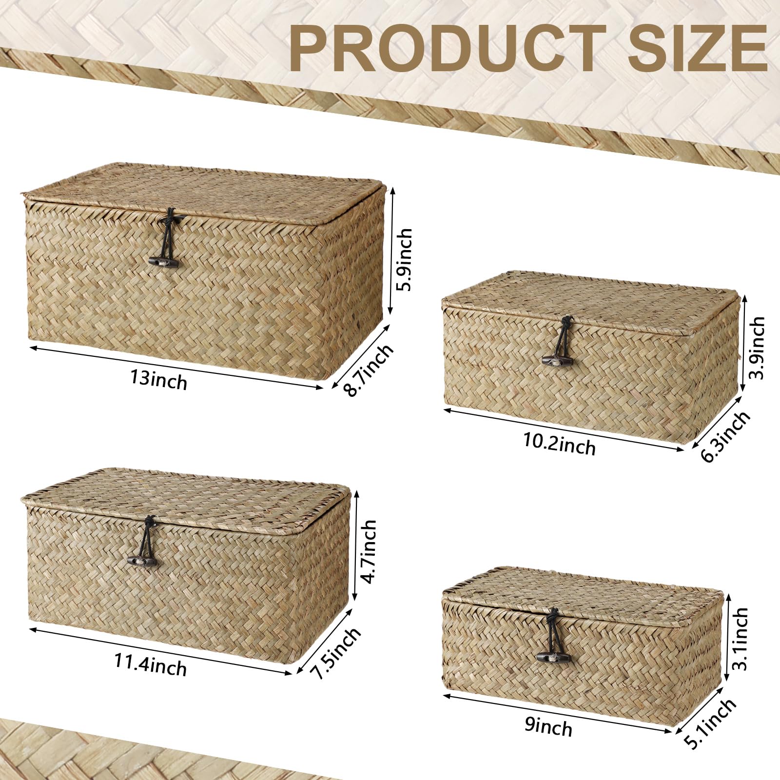 Woanger Set Of 4 Seagrass Basket With Lids Woven Rattan Wicker Storage Basket Decorative Storage Boxes Rectangular Baskets For D
