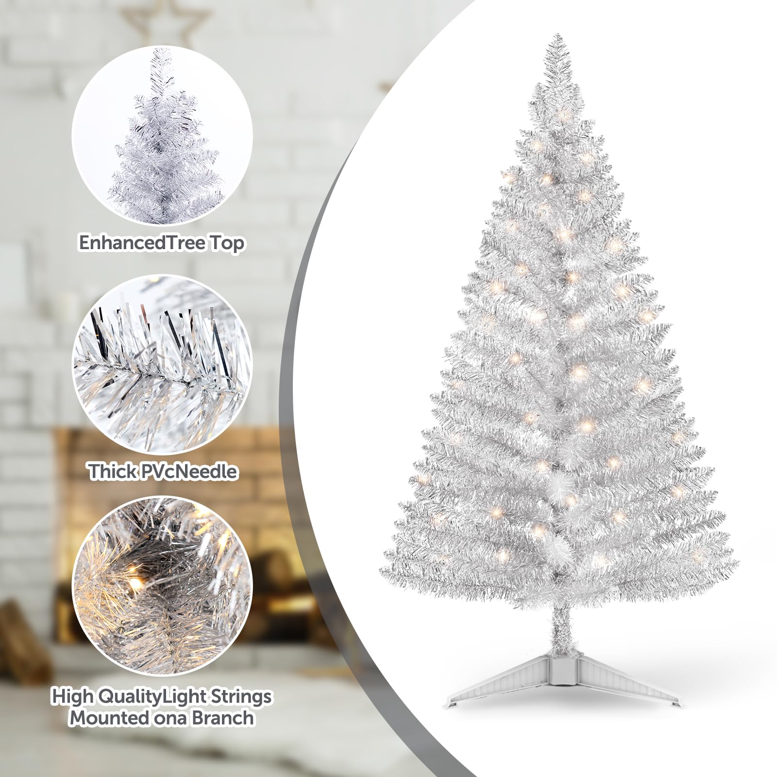 Santanelo 4ft Lighted Silver Artificial Christmas Tree with Lights,Snowy Artificial Xmas Tree, Not Pre-lit Small Xmas Pine Tree