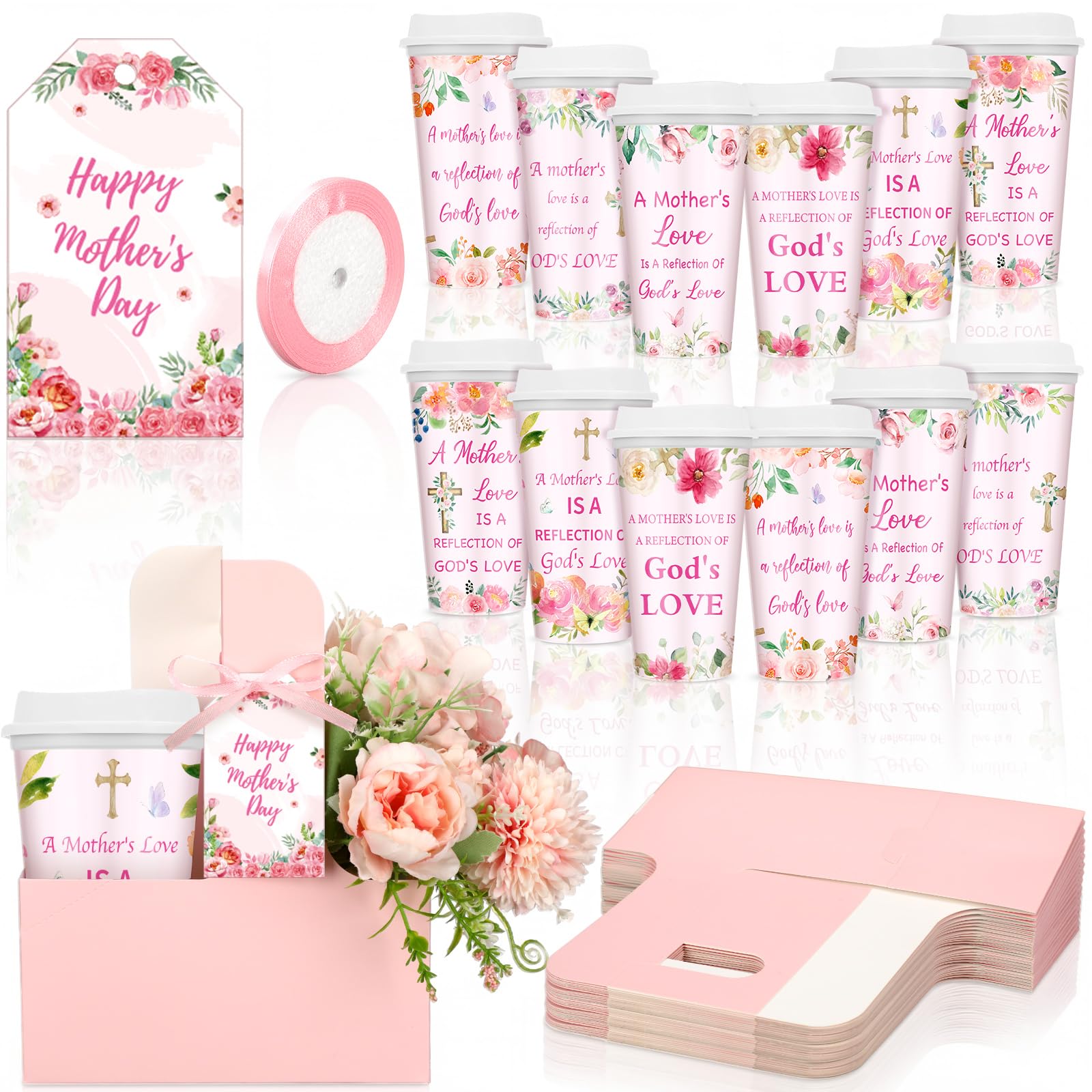 Havawish 12 Sets Christian Mothers Day Drink Carrier with Cups Cup Carriers with Handle Plastic Coffee Cups with Bible Verse fo