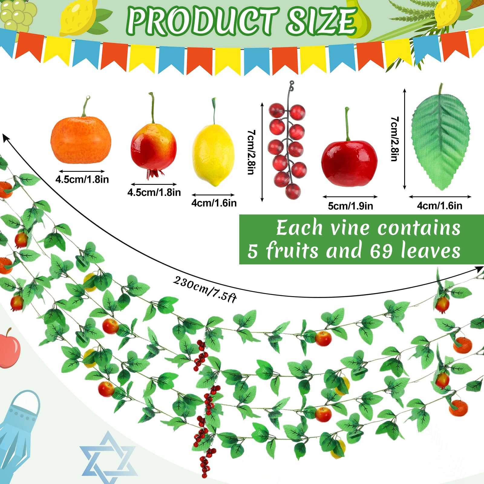 Glitinsel 4 Pcs Sukkah Decoration Fruits Hanging Banner for Sukkot - Etrog Apple Fruits Decorations for Jewish Holiday Celebrati