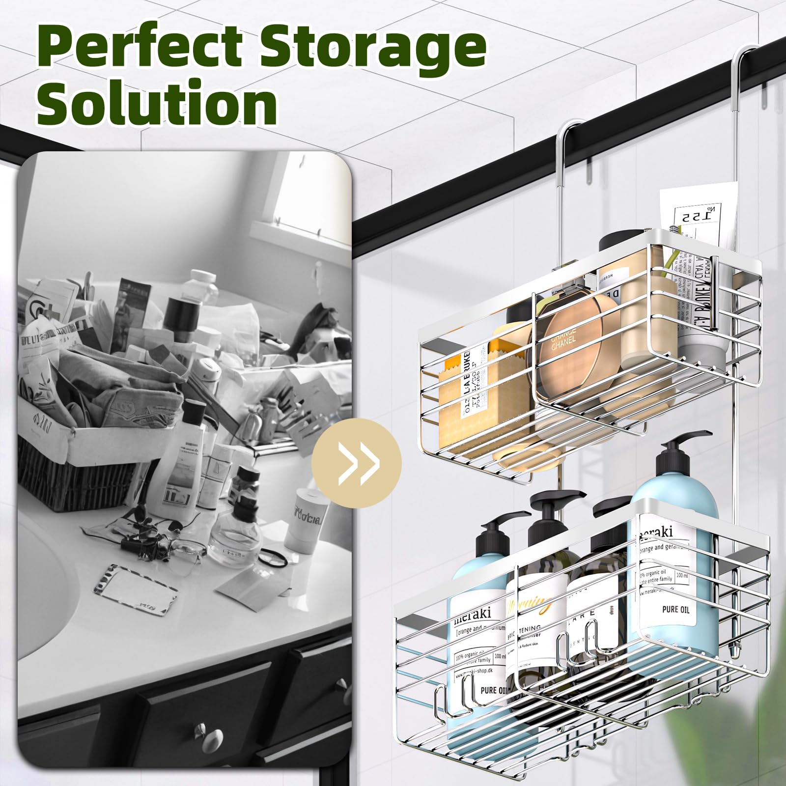 Yuoros Shower Caddy Hanging, 2 Tier Over The Door Shower Organizer Rack 304 Stainless Steel Rustproof (Elegant Silver)