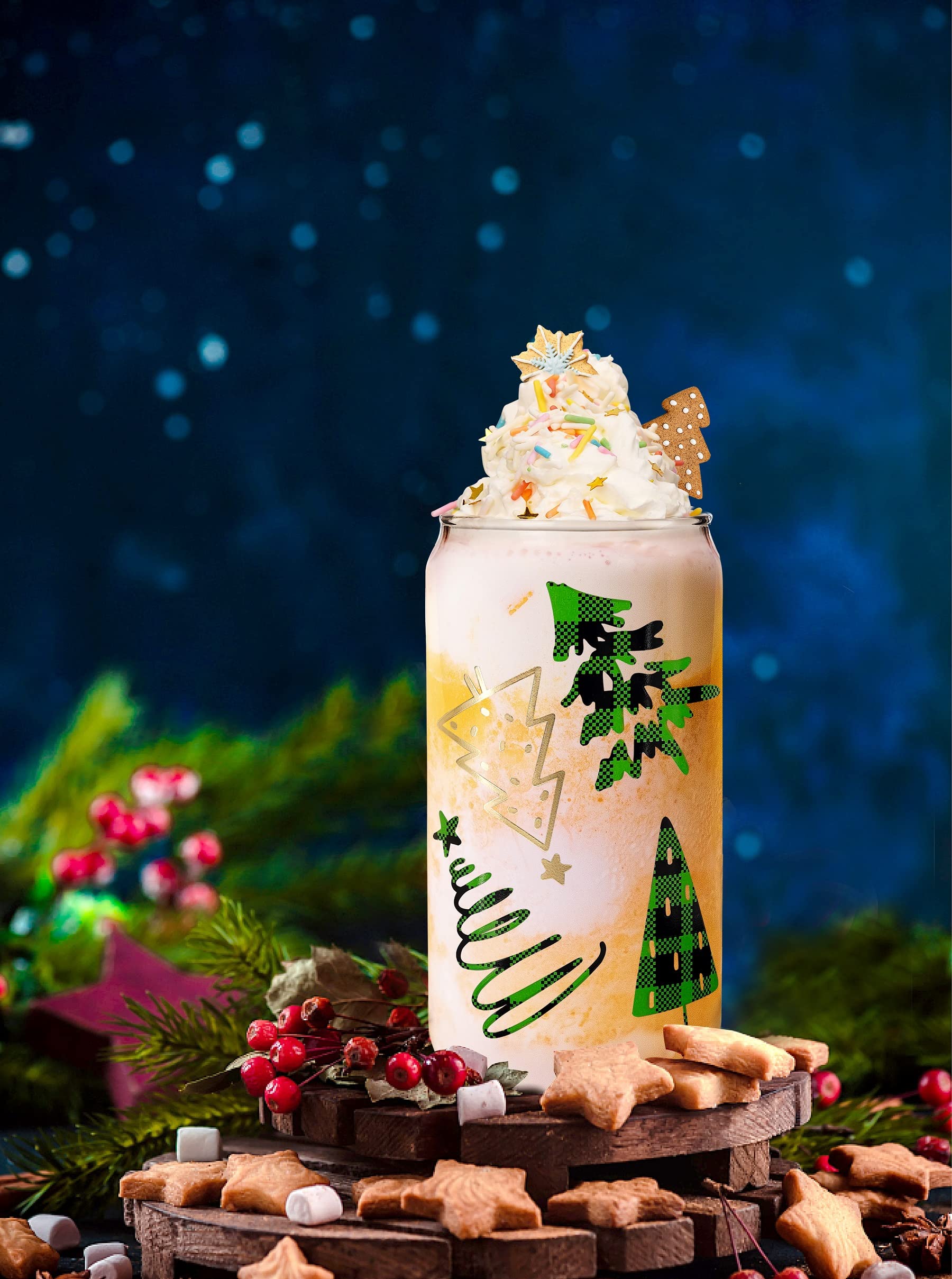 Christmas Cups, 18oz Christmas Iced Coffee Glass Cups with Lids and Straws White Elephant Gifts for Adults Colorful Xmas Tree El