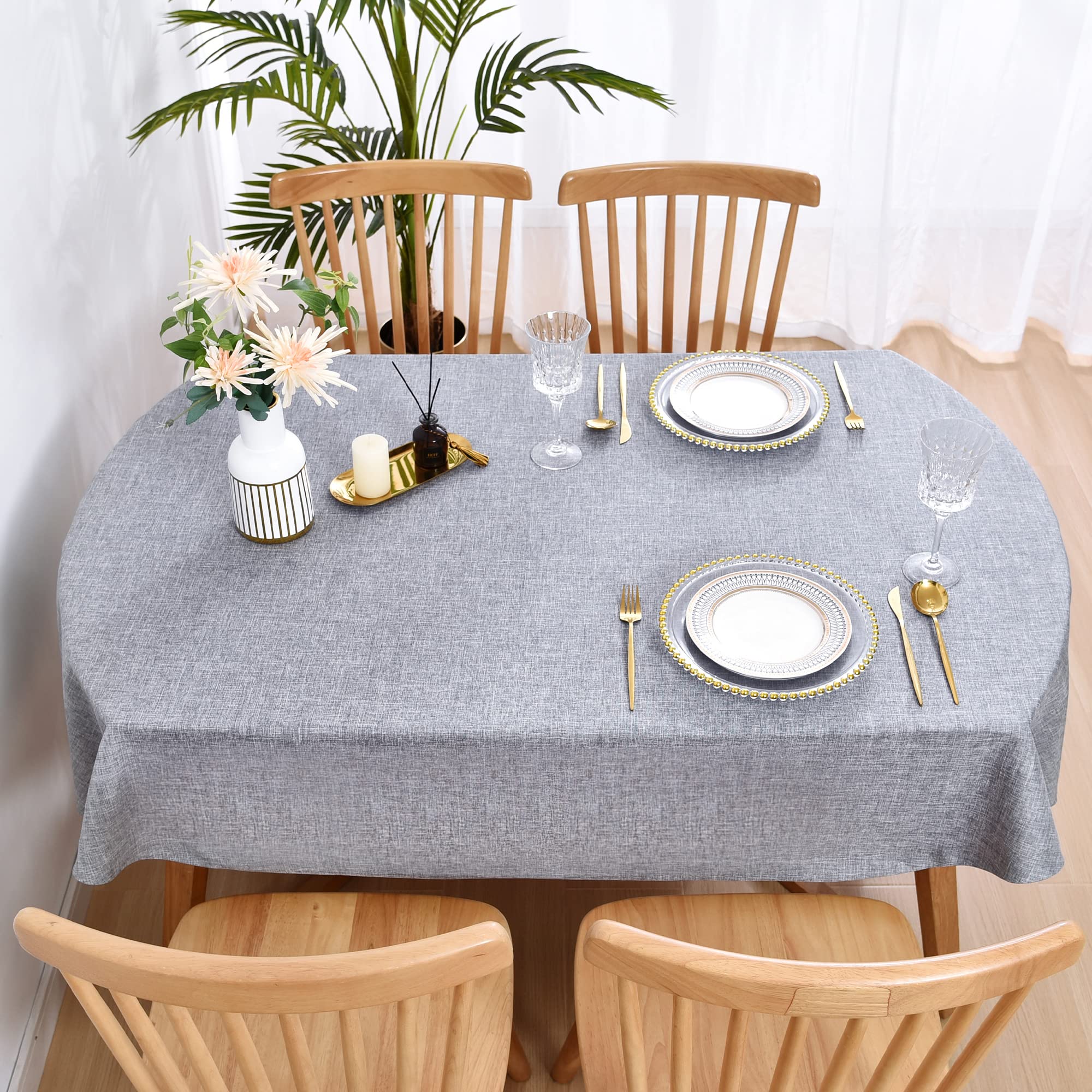 Wolkemer Faux Linen Oval Tablecloth Heavy Duty Wrinkle Resistant Fabric Table Cloths 60 x 102 Inch Grey Farmhouse Rustic Table C