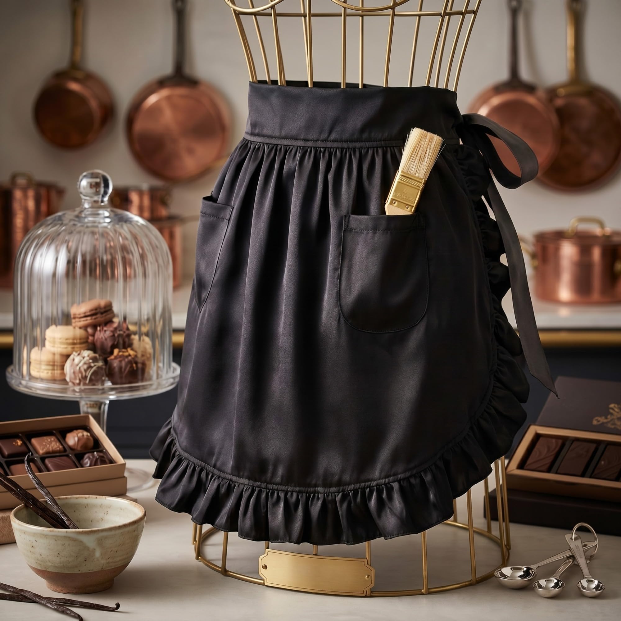 Geyoga Aprons for Women with Pockets Kitchen Cooking Waitress Maid Apron Vintage Skirt Cute Ruffle Dress Costume(Black,Waist Sty