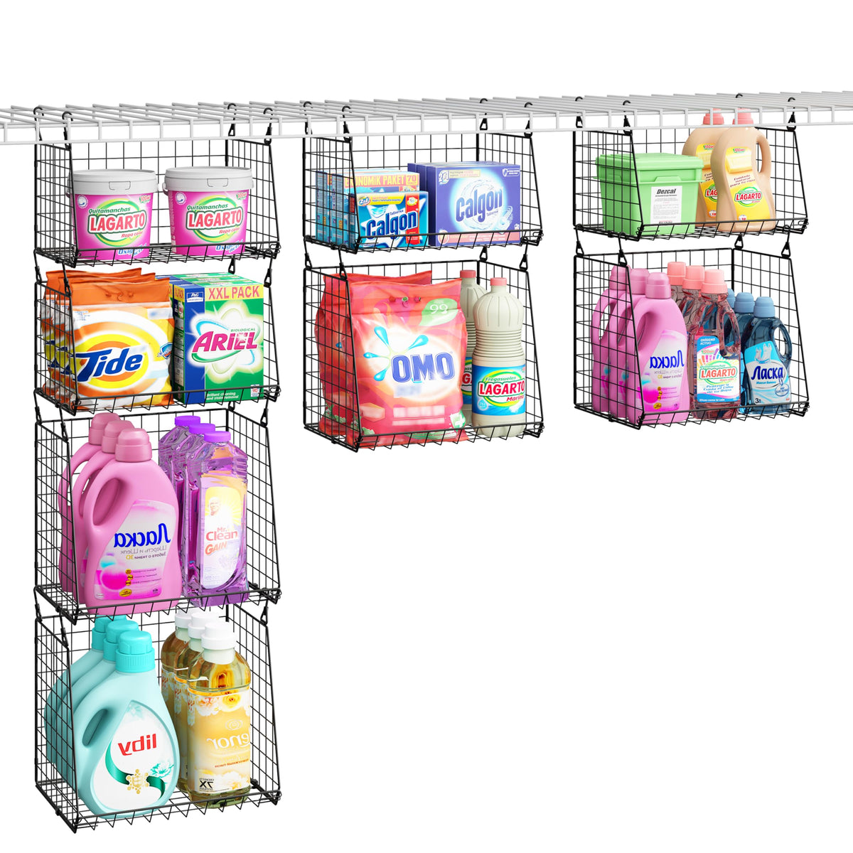 4-Tier Hanging Laundry Room Organizer:Foldable Laundry Room Organizaton Wire Shelf Basket With 360Rotating Hooks Space Saving Ov
