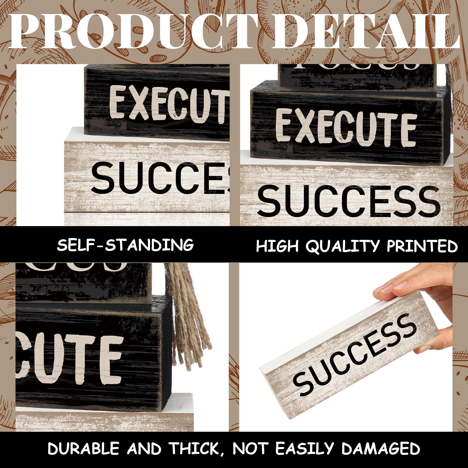 Yuntau 4 Pcs Motivational Wooden Tabletop Decor Inspirational Tiered Tray Decor Rustic Retro Wood Bead Garland Focus Execute Suc