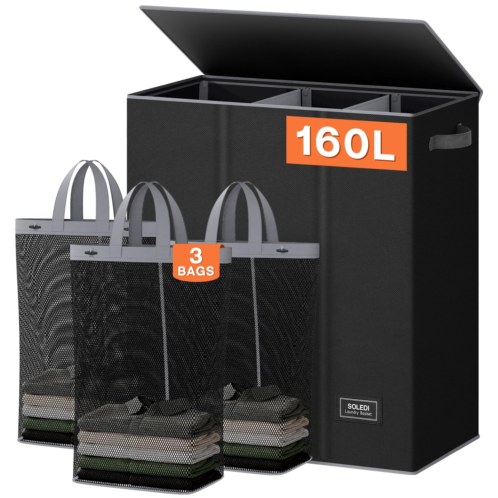 Soledi 160L Laundry Hamper 3 Section, Extra Large Laundry Hamper With Lid, Dirty Clothes Hamper With Sturdy Handle, Large Laundr