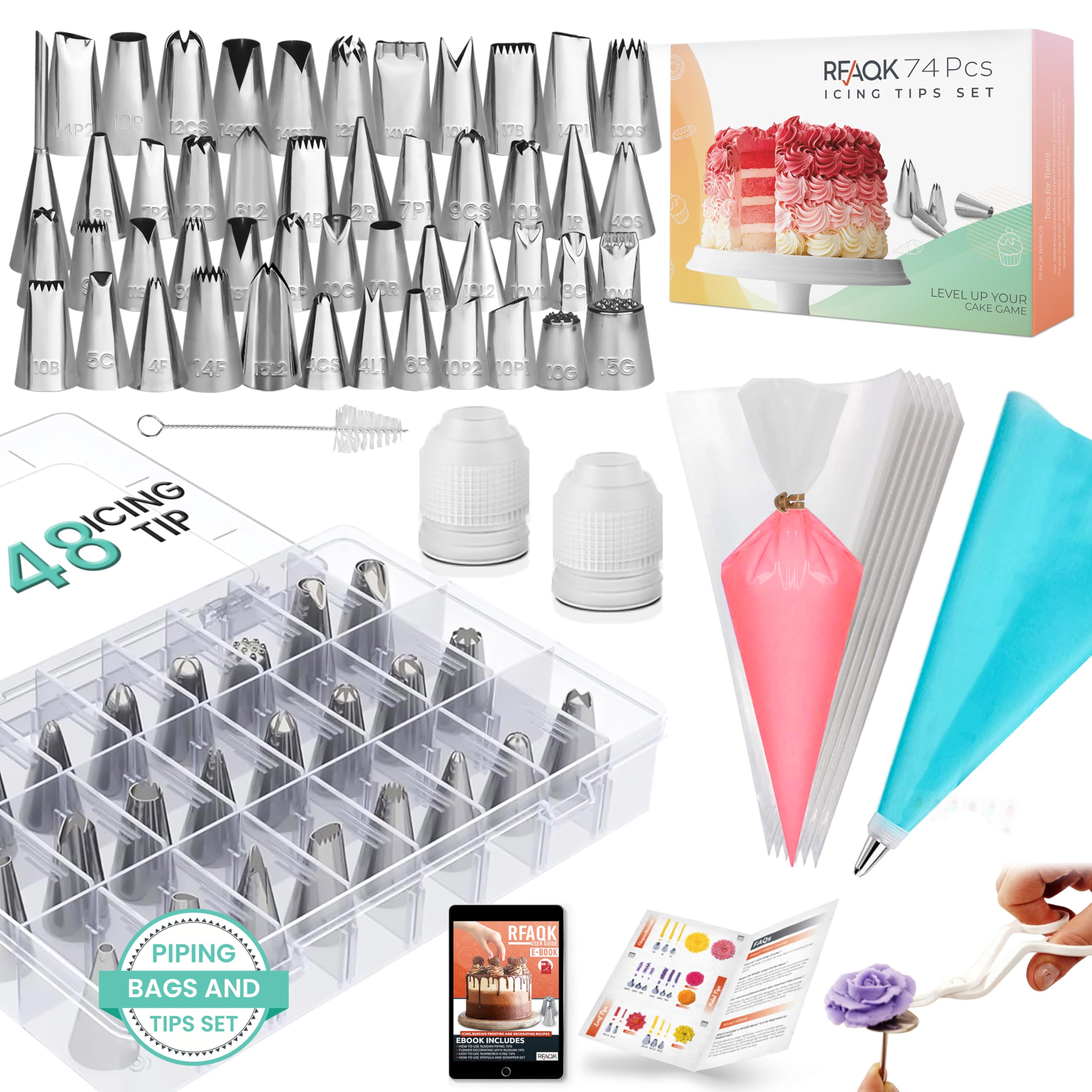 Rfaqk 74 Pcs Icing Piping Bags And Tips Set, Cake Decorating Kit With 48-Numbered Piping Tips, 20+1 Pastry Bags For Cookie Cupca