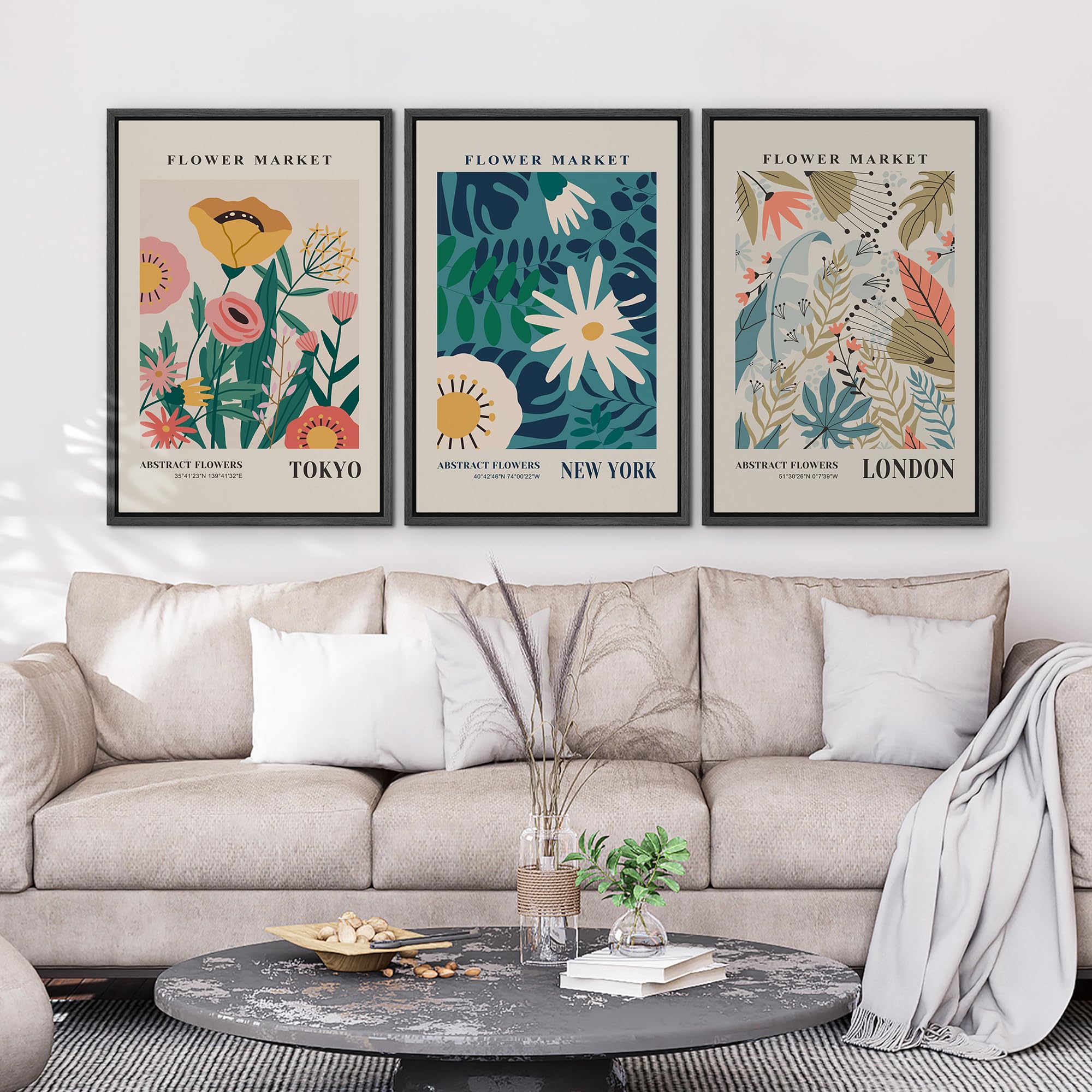 Wall26 Framed Canvas Print Wall Art Set Colorful Flower Market Exhibition Prints Nature Wilderness Illustrations Modern Art Deco