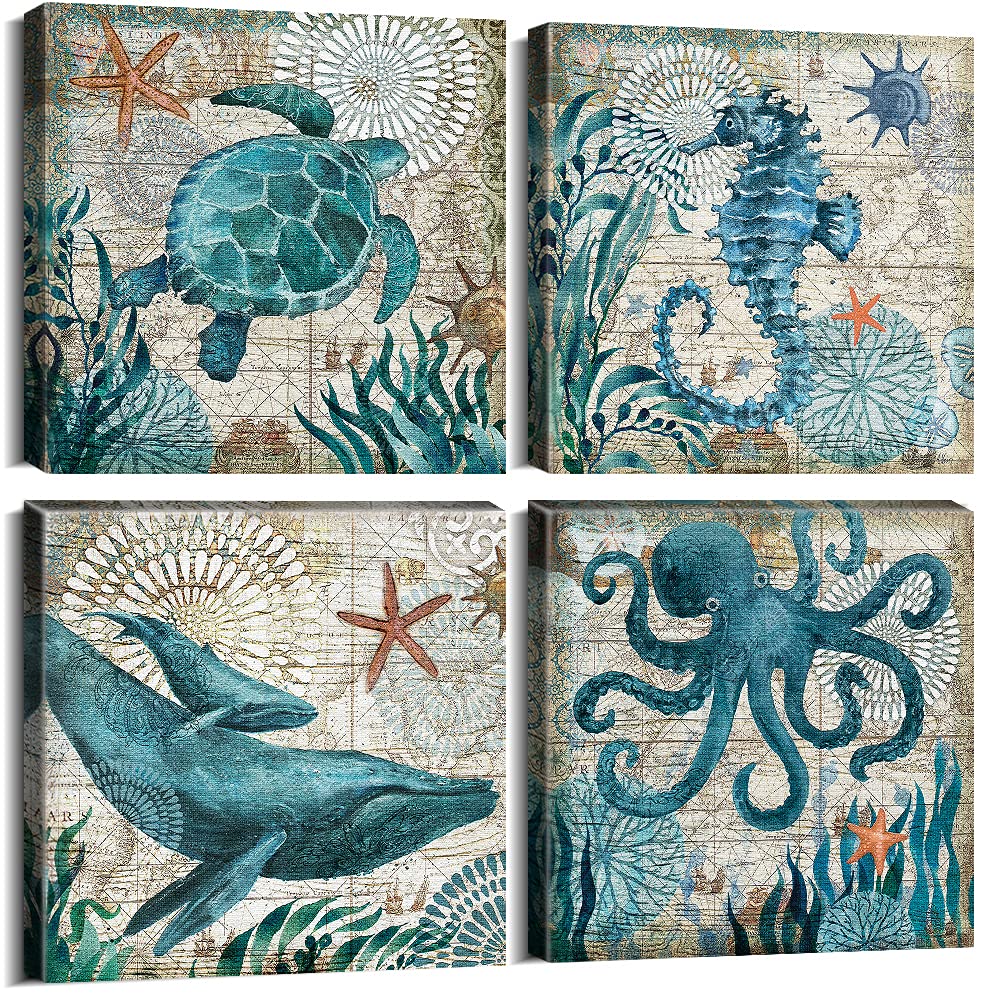 Bathroom Wall Art Beach Decor Ocean Sea Turtle Octopus Canvas Pictures Coastal Room Decor Teal Bathroom Accessories Vintage Whal