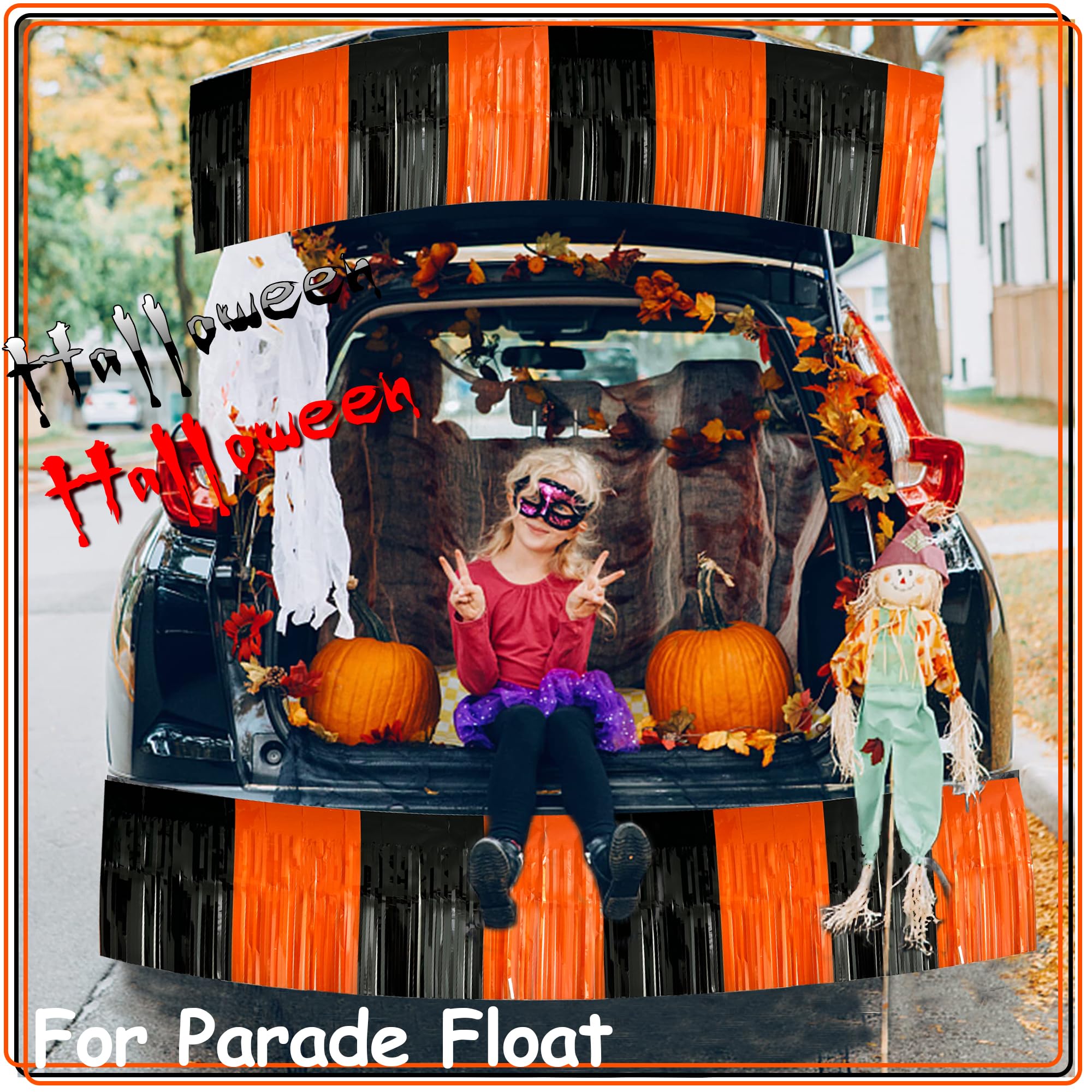 2 Pack 10 Feet Black Orange Halloween Parade Float Decorations for Trailer Car, Foil Fringe Tinsel Streamers Banner Garland for