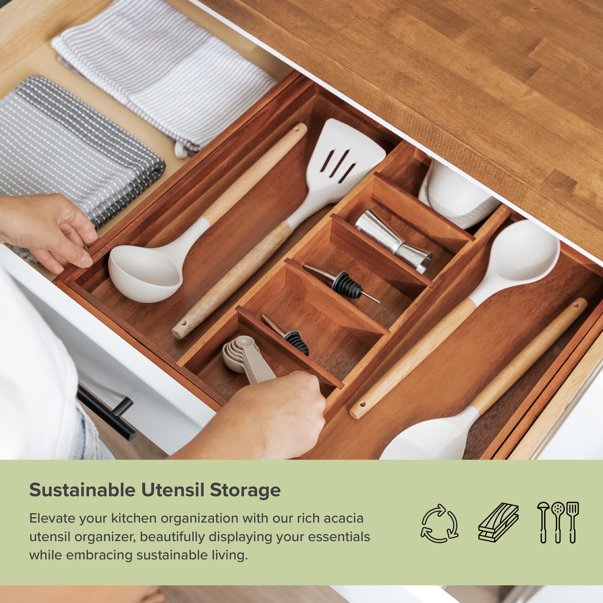 Kitchenedge Adjustable Kitchen Drawer Organizer For Utensils And Junk, Expandable To 19 To 33 Inches Wide, 9 Compartments, Food-