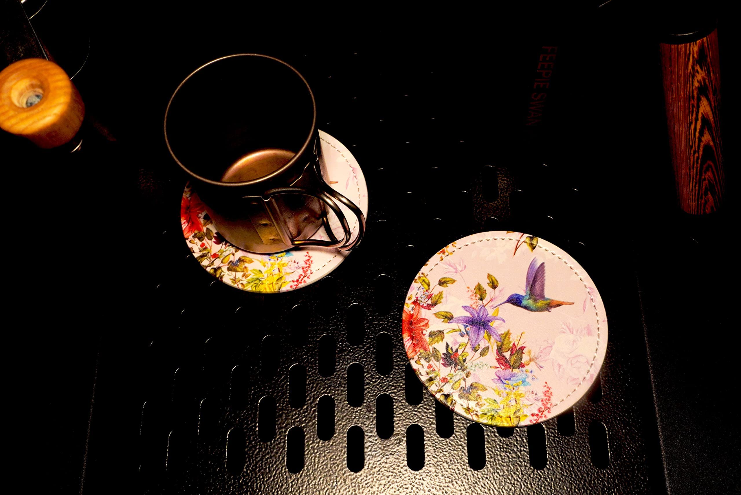 Hummingbirds Bird Flower Coasters For Drinks With Holder Leather Coasters Set Of 6 Table Decor Protect Furniture From Water Mark