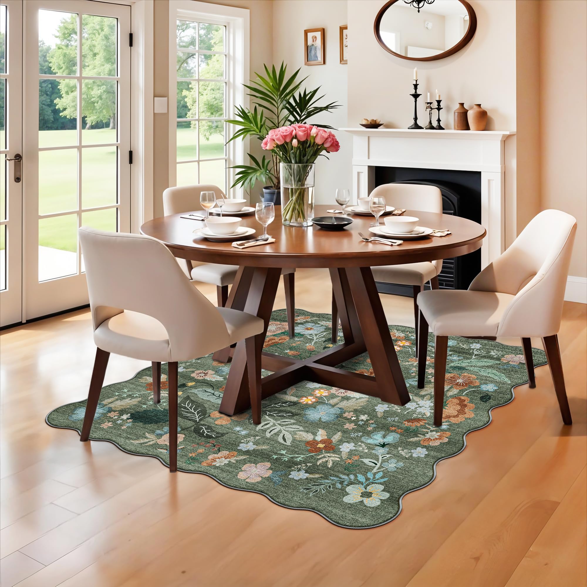 Floral Square Area Rug for Family: Washable 5x5 Scalloped Carpet for Living Room Bedroom Soft Water Resistant Floor Mat with Non