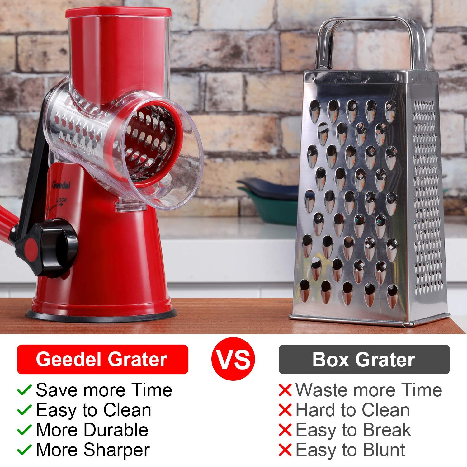 Geedel Rotary Cheese Grater With 3 Interchangeable Blades, Kitchen Mandoline Vegetable Slicer For Fruit, Nuts , Easy To Clean