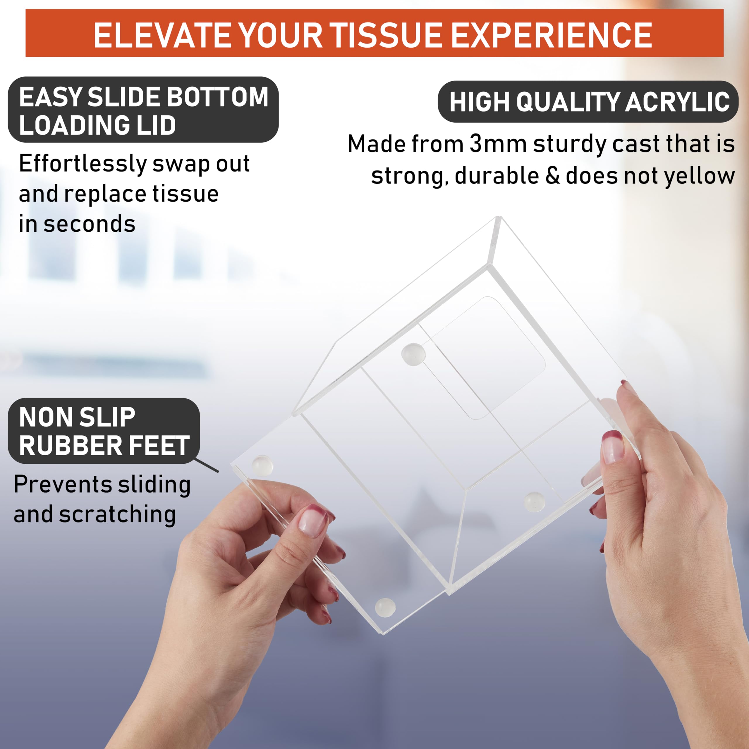 Acrylic Tissue Box Holder, Square Clear Tissue Box Dispenser For Facial Tissue, Napkins, Dryer Sheets. Perfect For Bathroom, Des