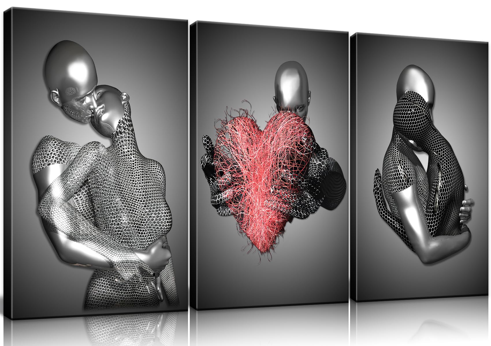 Framed 3 Pcs Love Heart 3D Wall Art Metal Sculpture Romantic Couple Hug Abstract Art Prints Posters Decor Grey Black And White C