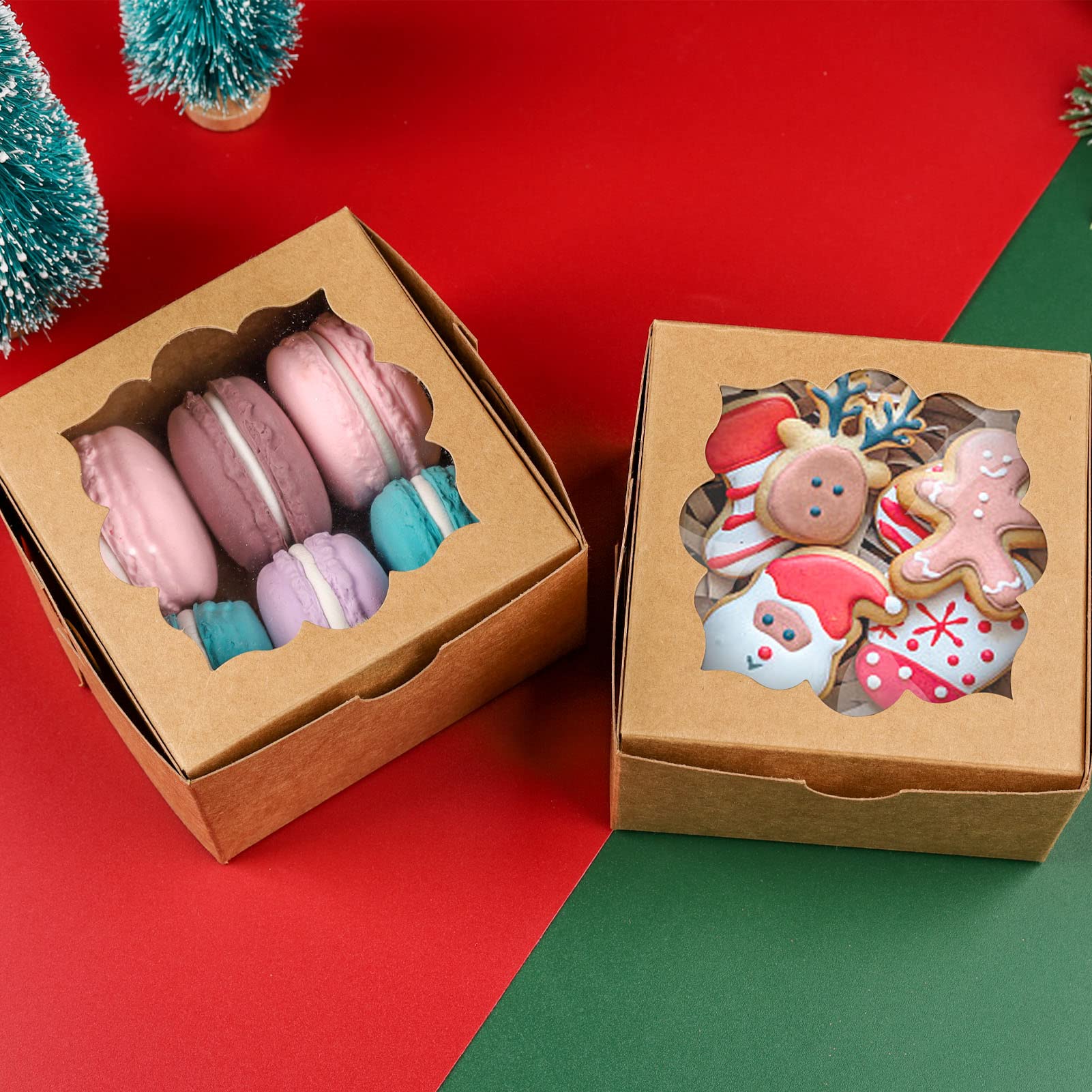 Yunko 50 Pack Cookie Boxes 4X4X2.5 Inches Bakery Boxes Dessert Boxes With Window For Chocolate Strawberries Muffins Donuts (Brow