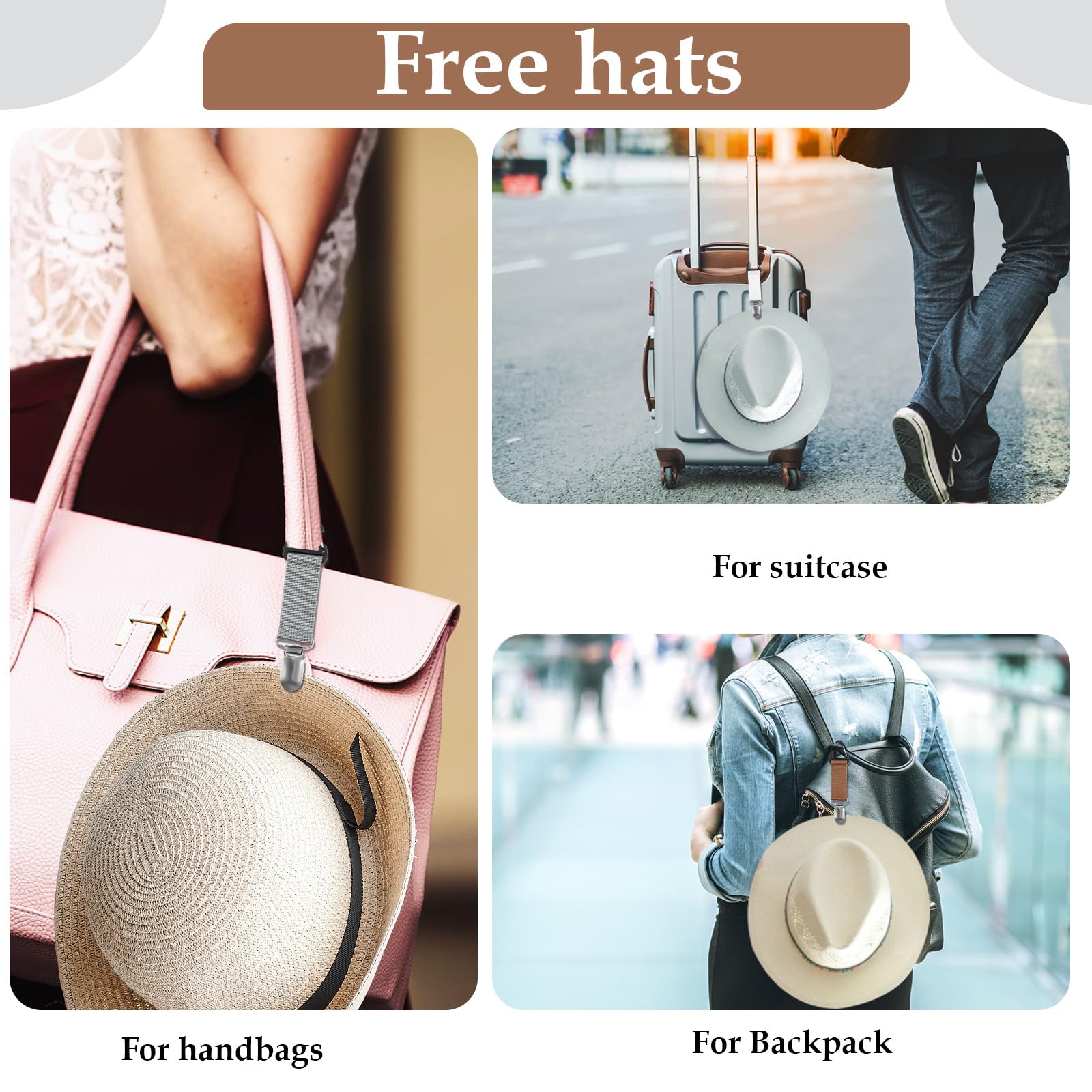 Peutier 4Pcs Travel Hat Clips, Wallet Elastic Hat Holder Rack Travel Hands-Free Bag Accessories Fixed Baseball Cap Carrier Fixed