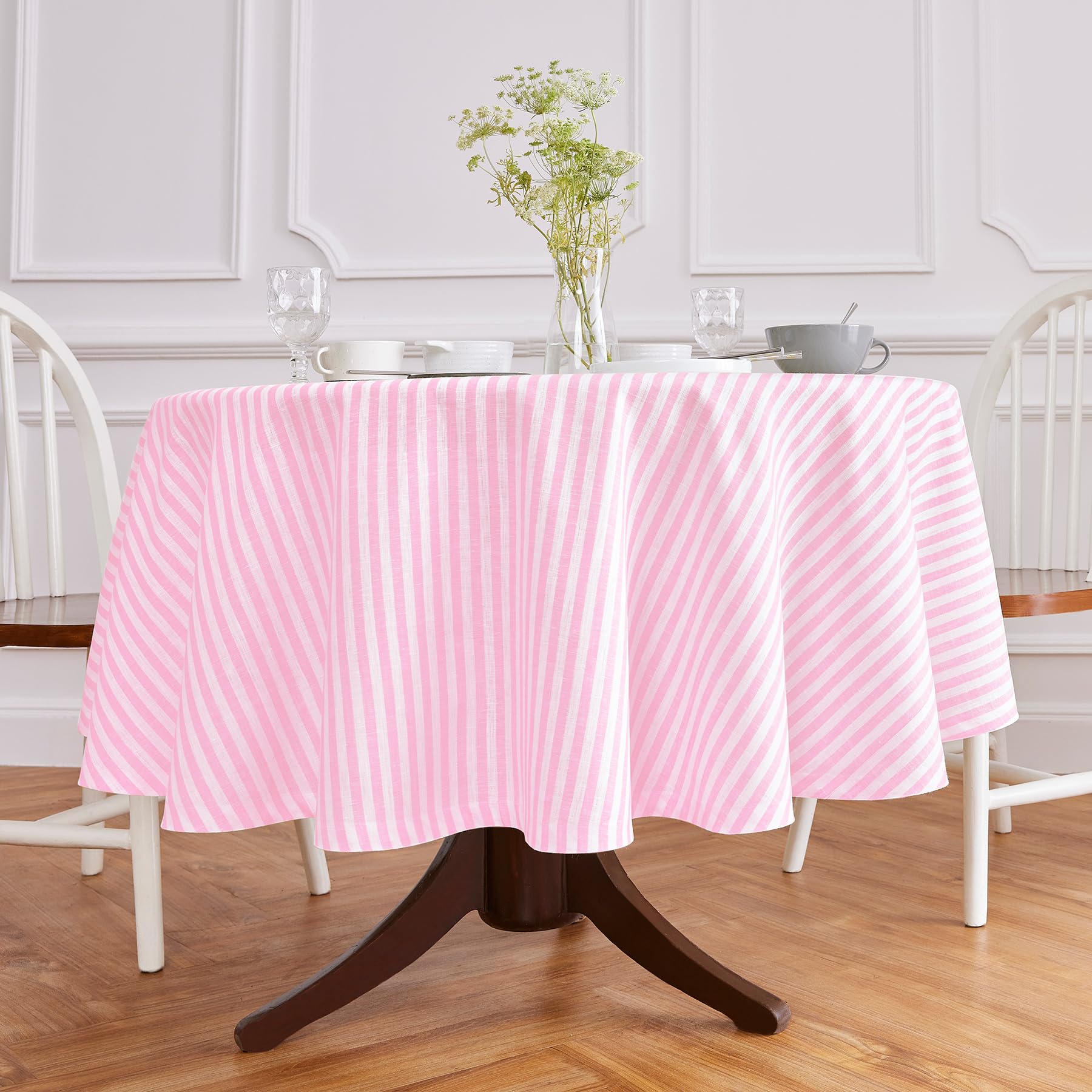 Solino Home Stripe Linen Round Tablecloth - 100% Pure Linen Cherry Blossom And White Tablecloth 60 Inch Diameter For Spring, Eas