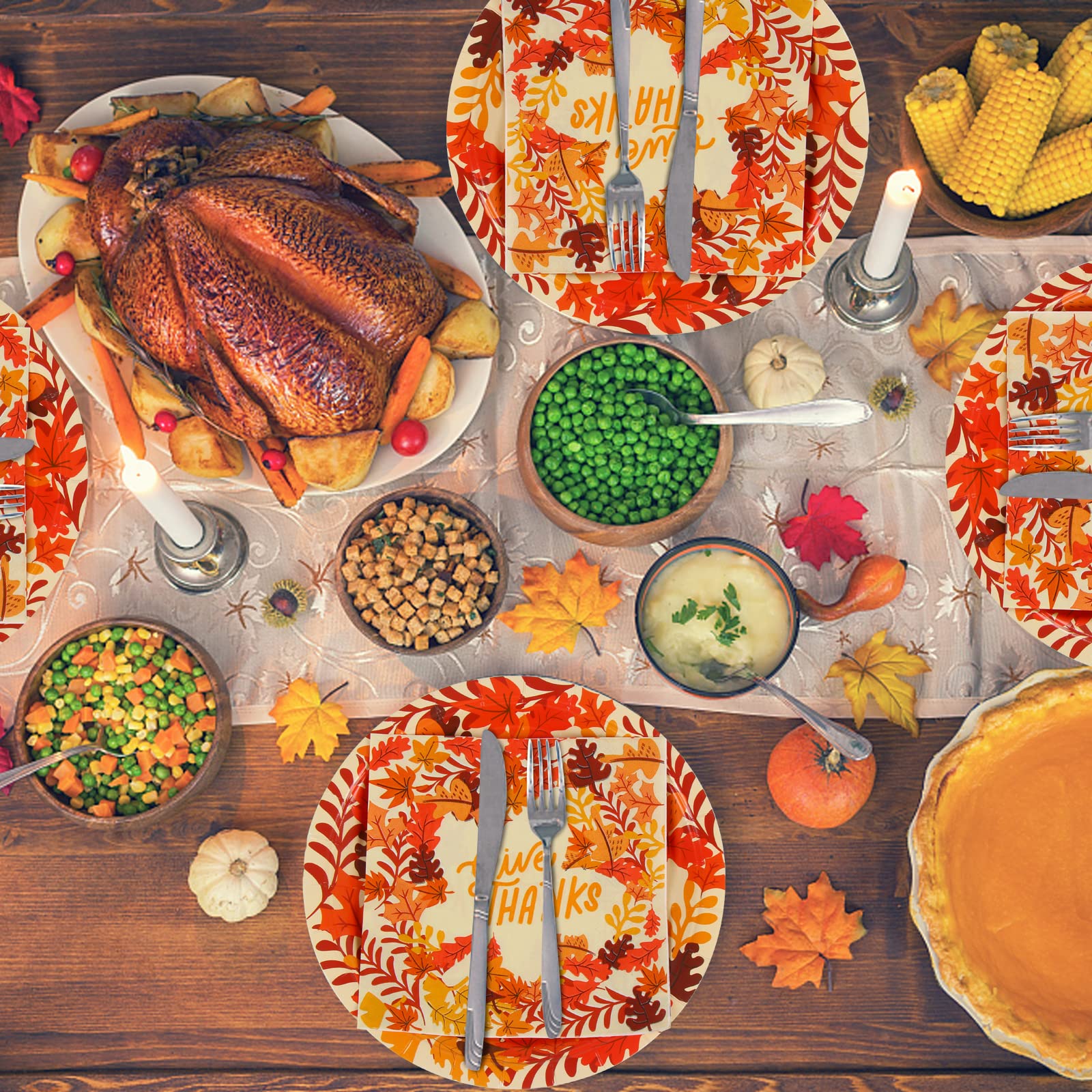 DIYASY 96 Pack Thanksgiving Paper Plates and Napkins, Fall Disposable Plates Dinnerware Heavy Duty Dessert Dinner Plate for 24 G
