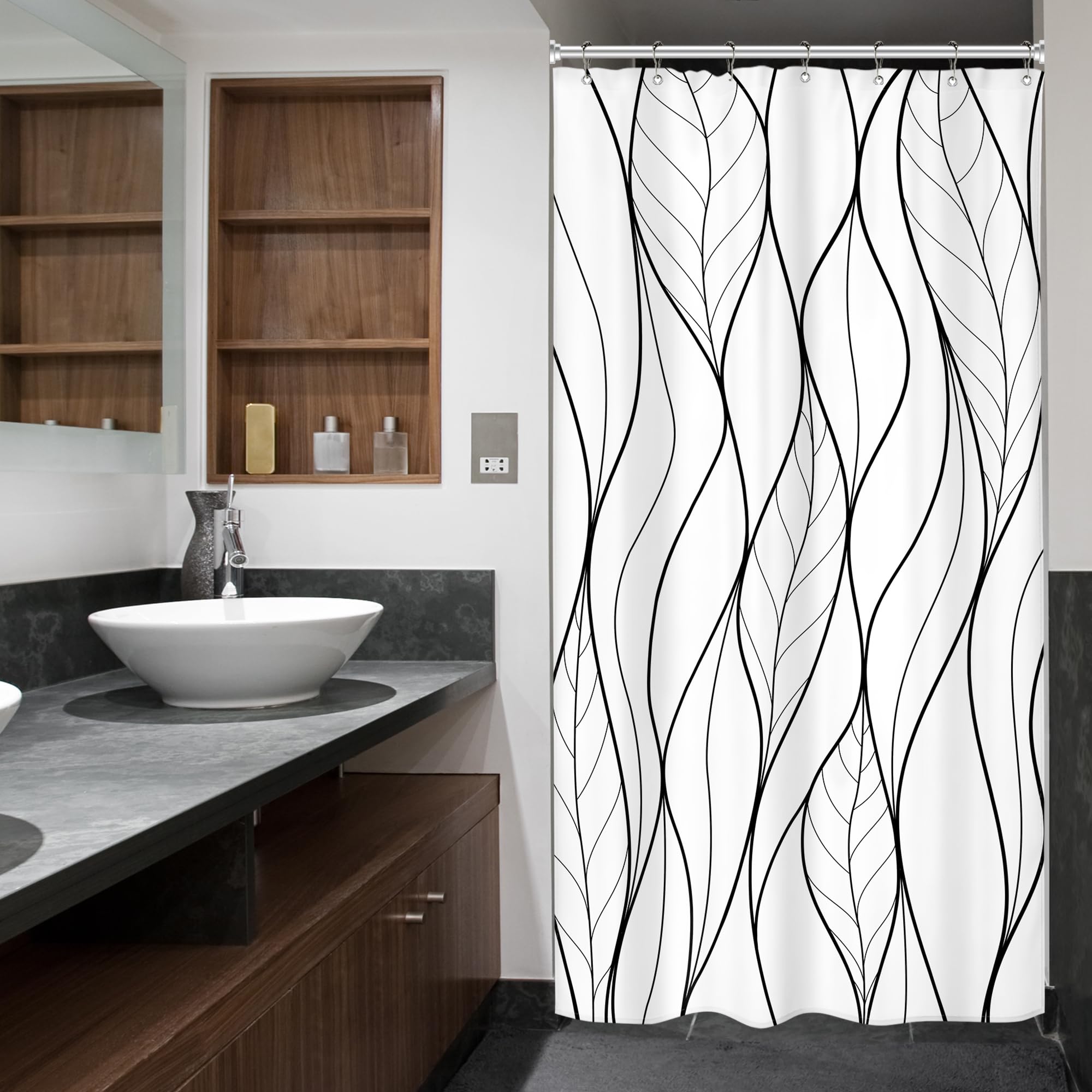 Riyidecor Small Stall Rv Black White Leaves Shower Curtain Half Single Boho Abstract Striped Leaf Geometric Modern Simple Cool 3