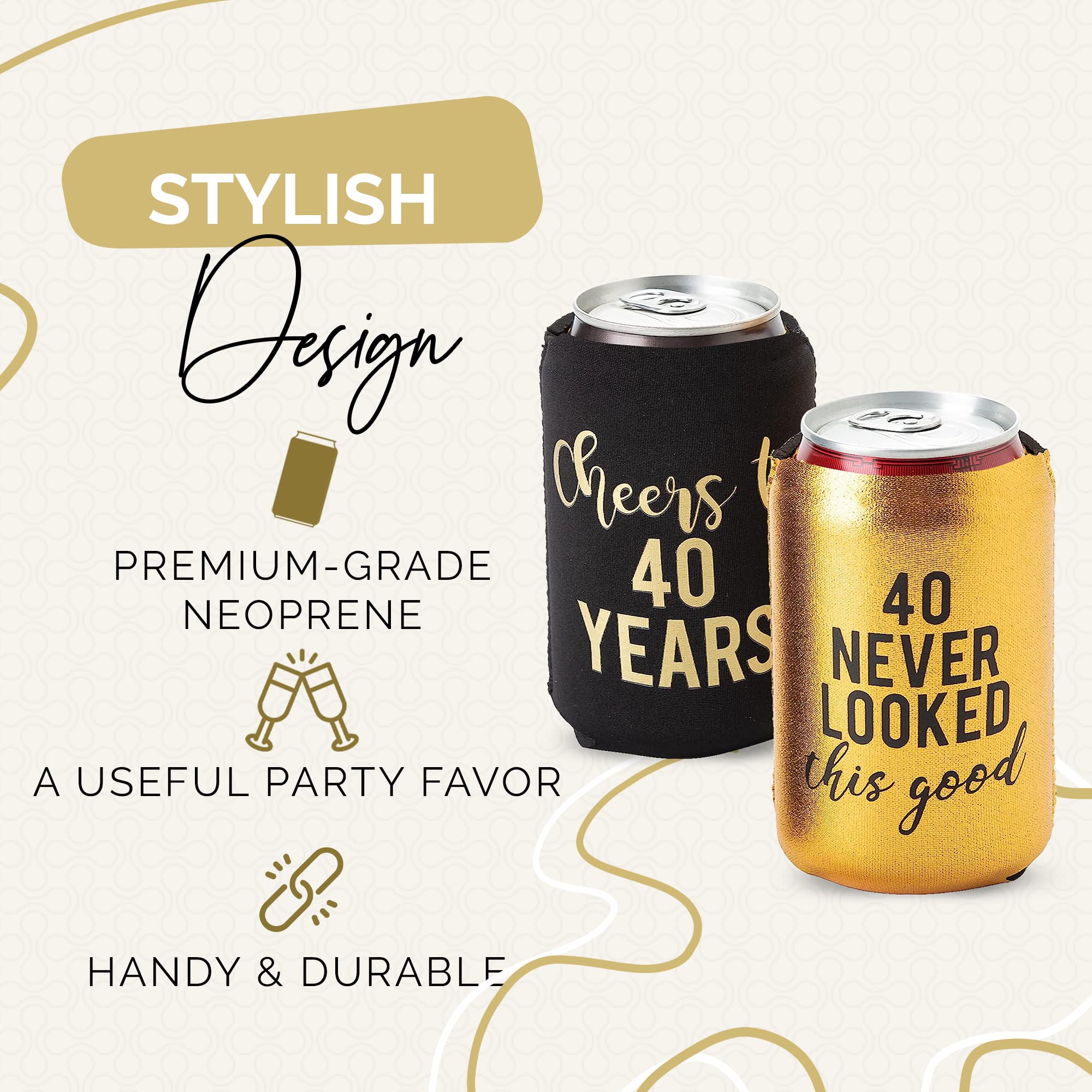 Cheers To 40 Years And 1 Metallic Gold ''40 Never Looked So Good'' Birthday Party Can Coolies, Set Of 12, Black And Gold 40Th Bi