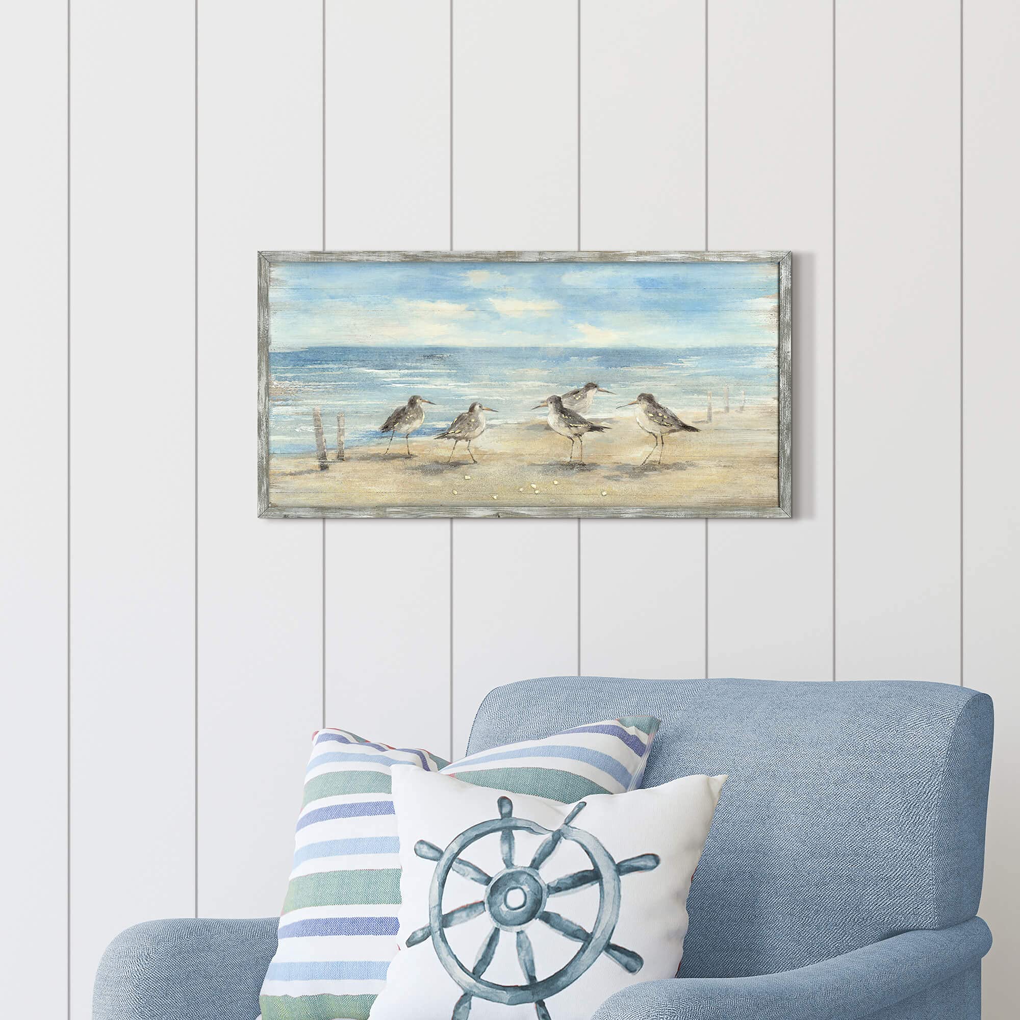 Beach Framed Painting Wall Decor: Abstract Ocean Wall Art Coastal Oil Painting Style Seagulls Picture Printed On Wood Seascape A
