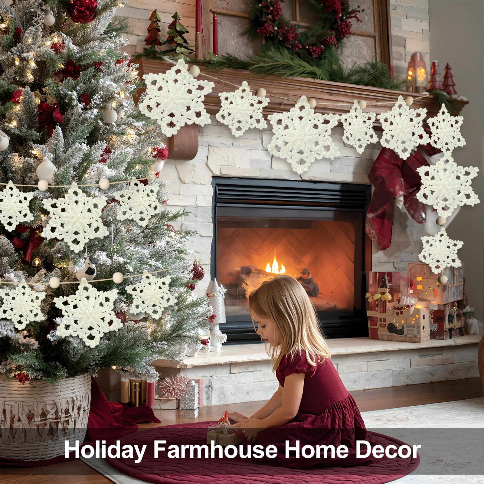 Tudomro Christmas Crochet Snowflake Garland 6.56ft Rustic Handmade Xmas Banner Snowflake Wooden Beads Farmhouse Hanging Decor fo