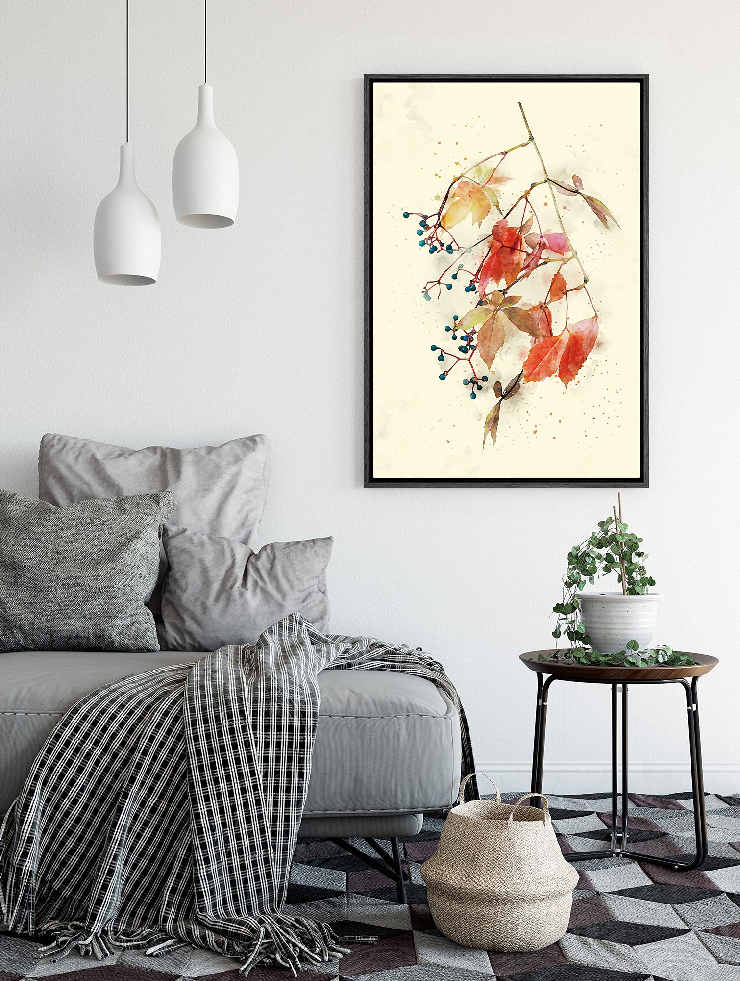 Signford Framed Canvas Print Wall Art Watercolor Orange Leaves Nature Wilderness Illustrations Modern Art Contemporary Multicolo